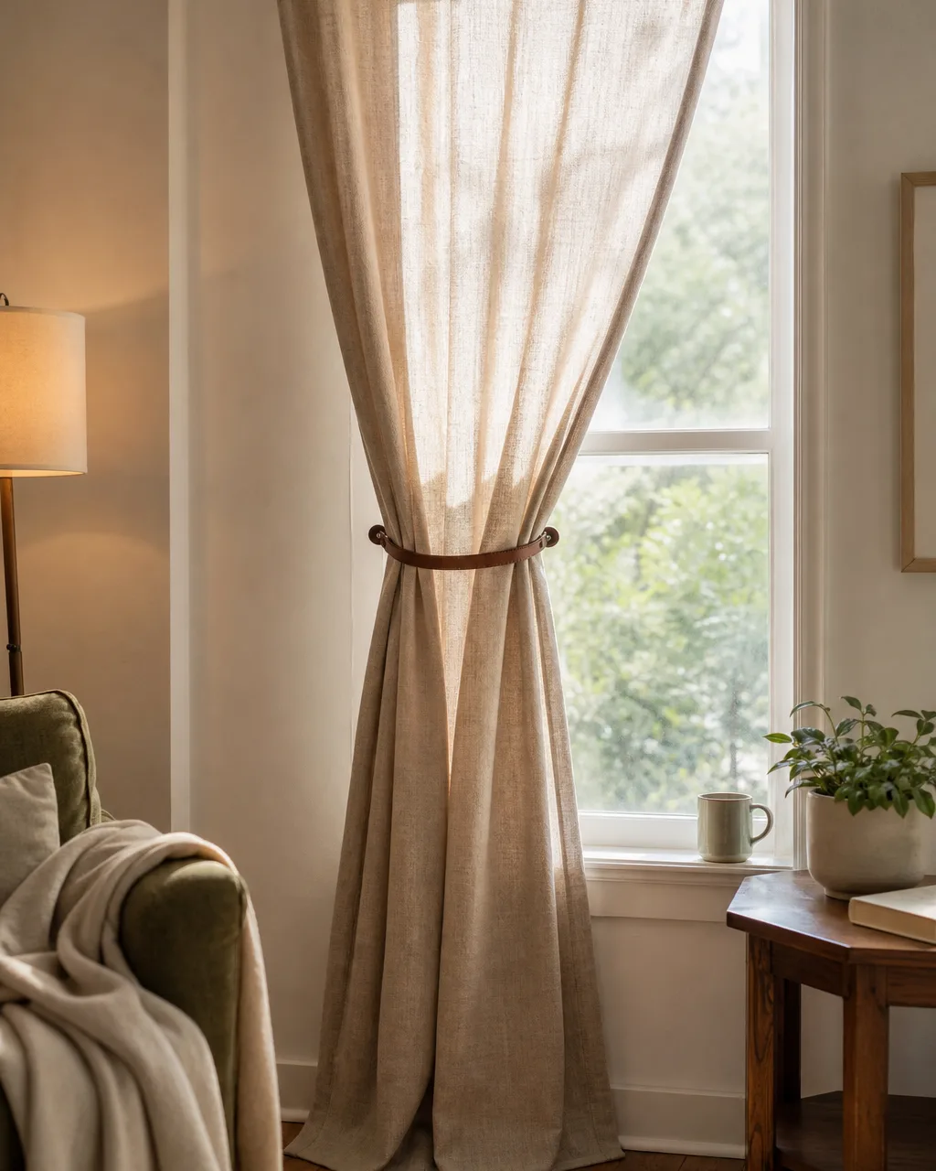 An oatmeal linen curtain panel held back by a leather strap tieback at two-thirds height creating a gentle hourglass curve, a wooden side table with a small plant beside the window, warm morning light