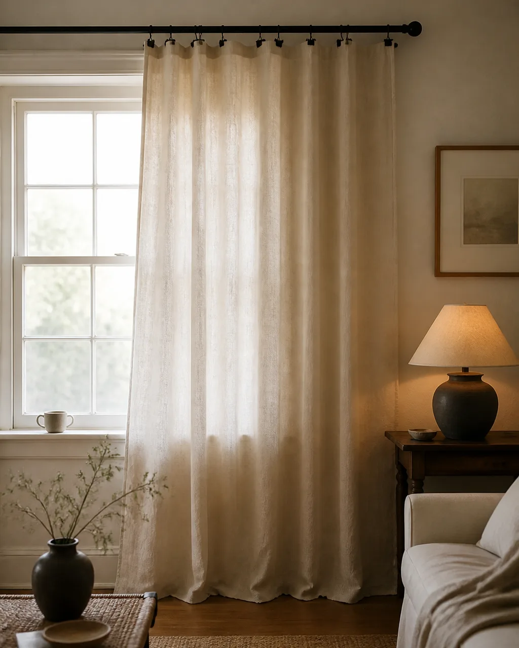 A matte black iron curtain rod with simple ball finials against a cream-white wall, cream linen curtain panels hanging from black clip rings, creating a sharp architectural line