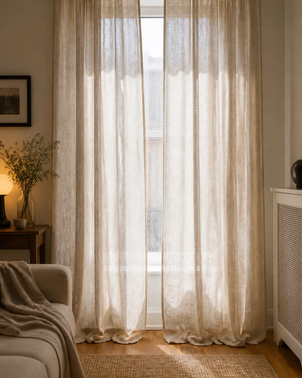 Floor-length oatmeal linen curtain panels puddle one inch on warm oak hardwood floor in a living room, hanging from a matte black rod near the ceiling with natural daylight streaming through