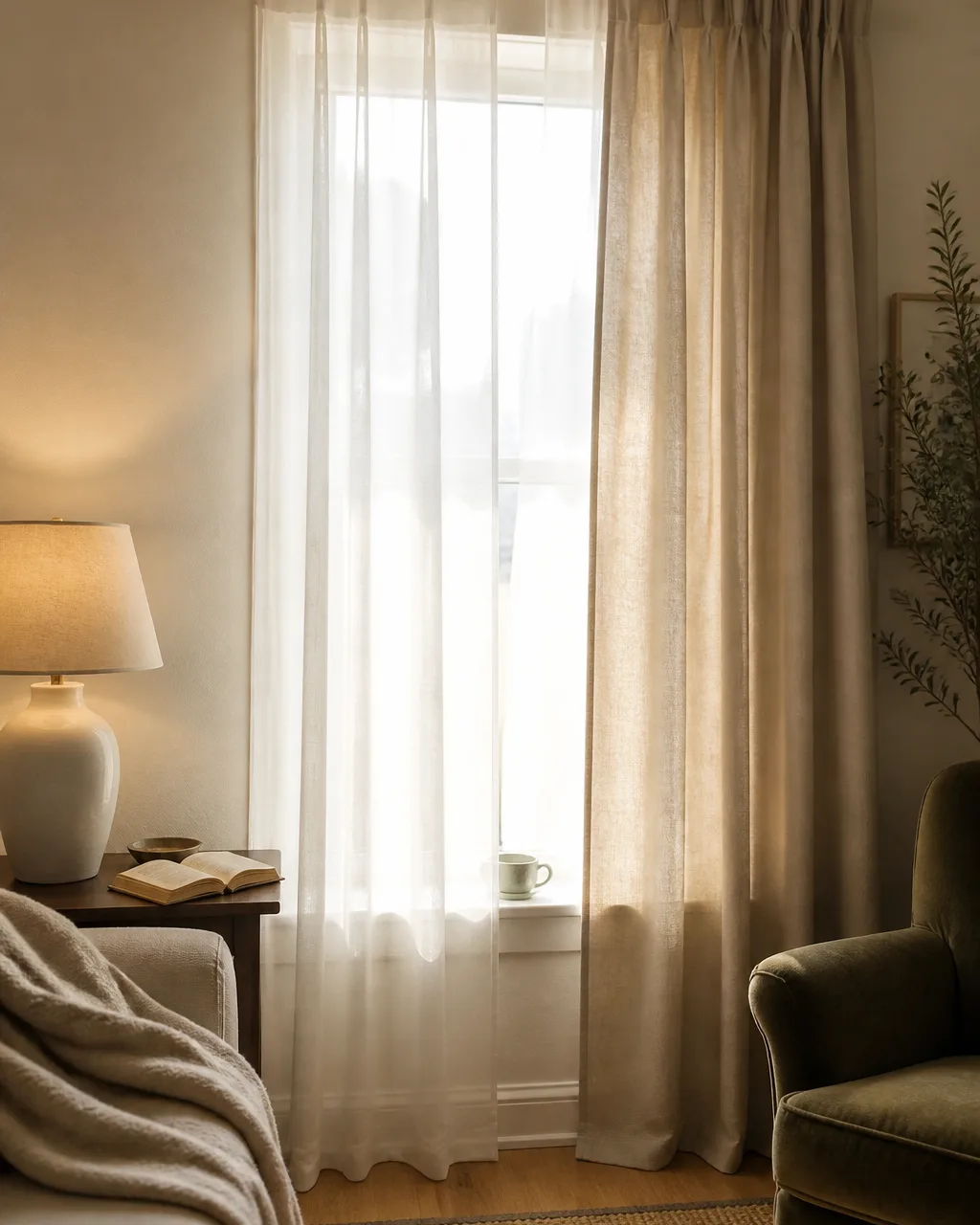 A living room window with layered curtains showing a translucent white sheer layer closest to the glass diffusing soft daylight, and a heavier flax-colored linen panel pulled to the side on the outer layer, both on a brushed brass double rod