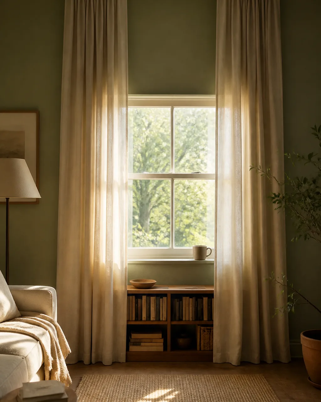 Curtain rod mounted directly below the ceiling of a living room with two cream linen panels hanging all the way to the floor, sage green painted wall, a low wooden bookshelf beneath the window