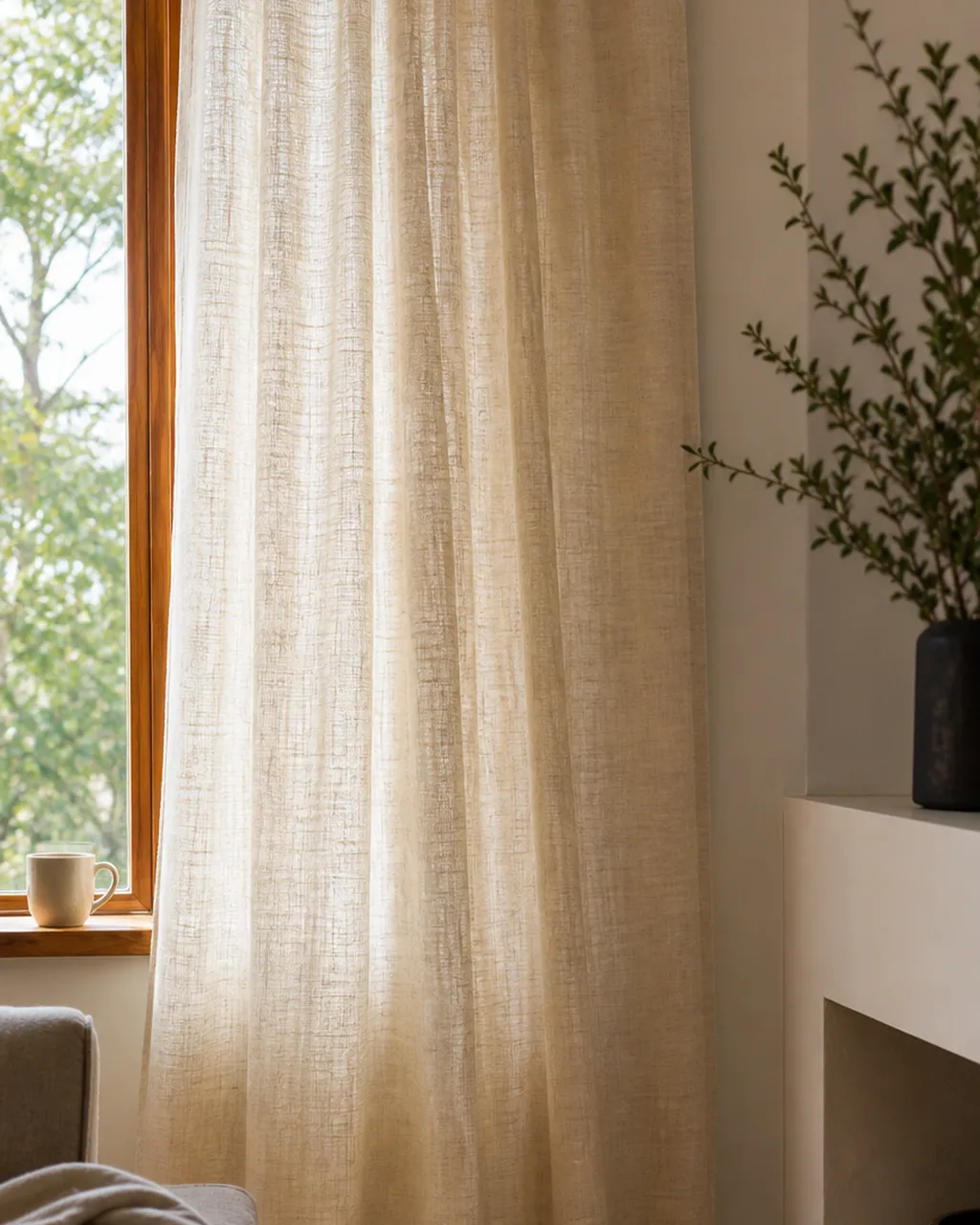 A textured slub-weave cream linen curtain panel with visible thick-and-thin yarn texture catching warm side light from a window, a brushed brass rod visible at the top, warm white wall