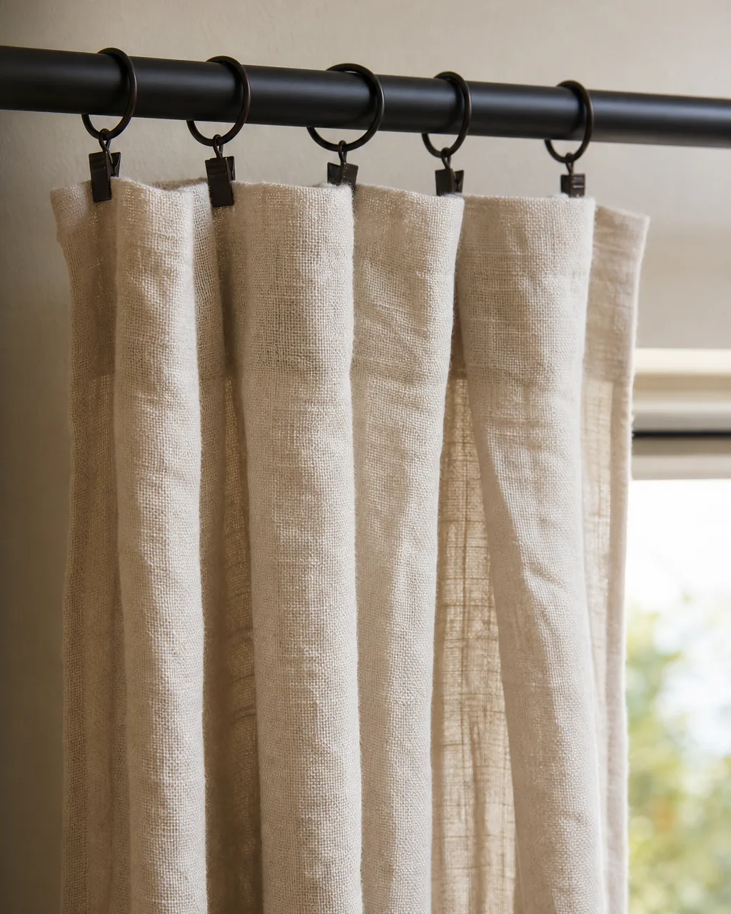 Close-up of curtain clip rings on a matte black rod creating a relaxed gathered heading on a cream linen panel with soft uneven pleats, visible rod and ring mechanism, warm side light catching linen texture