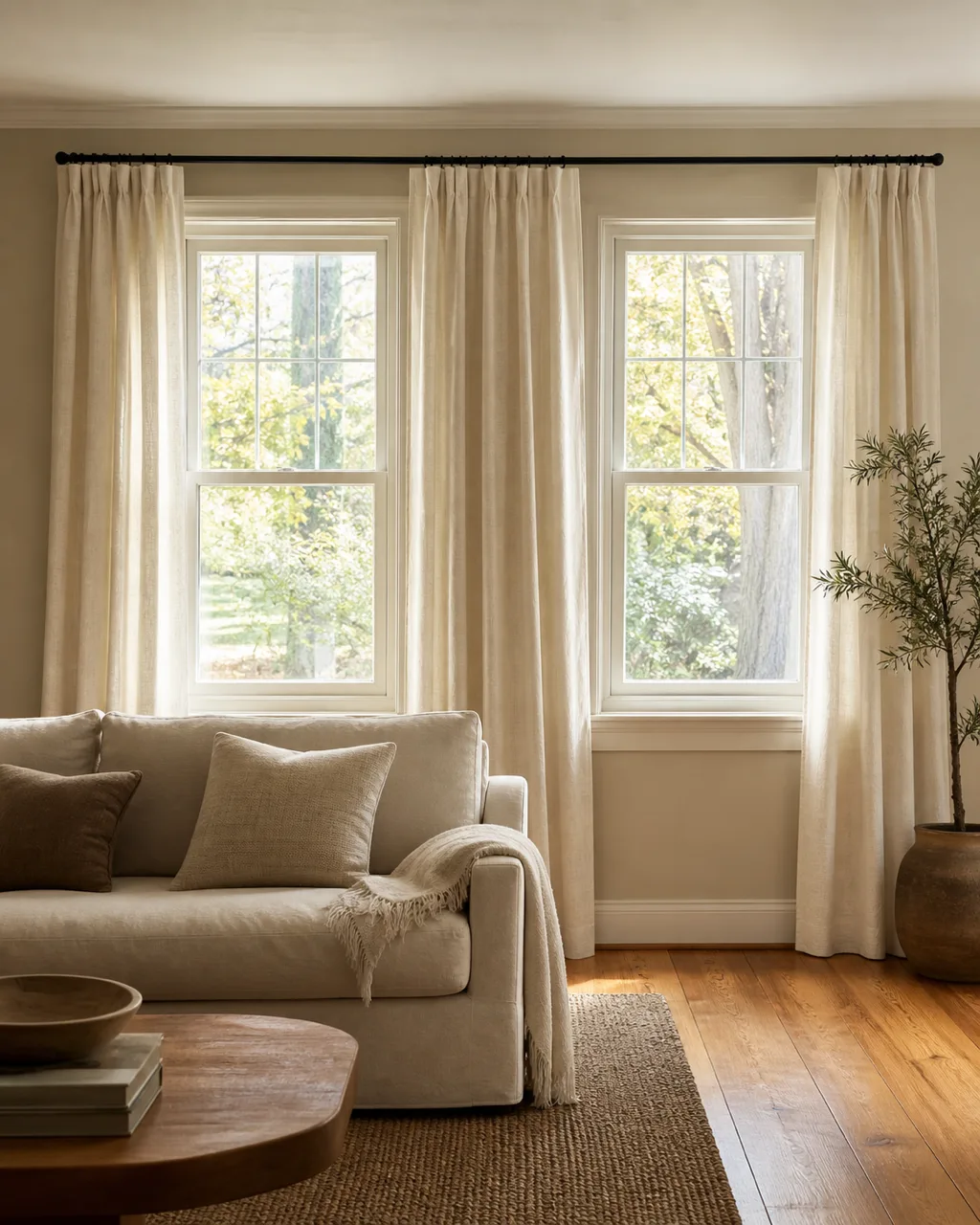 Two adjacent living room windows unified by one continuous matte black curtain rod spanning the full wall, three cream linen panels with morning daylight, a low cream sofa in front, warm hardwood floor