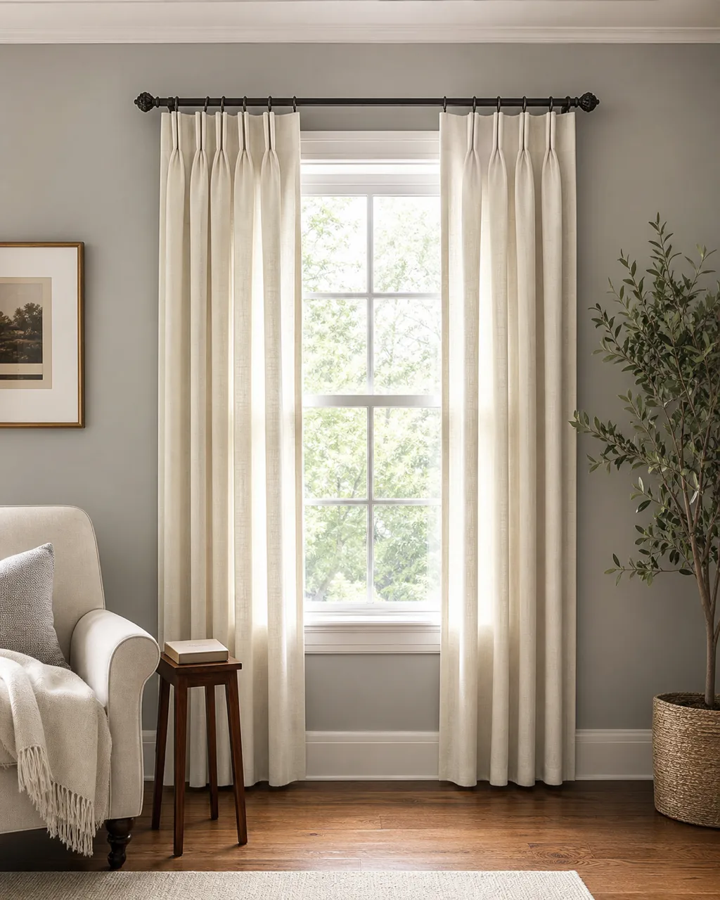 A small living room window with tailored pinch-pleat linen curtain panels in warm ivory, crisp structured pleats in light airy linen fabric, a compact armchair nearby, warm daylight, light gray walls