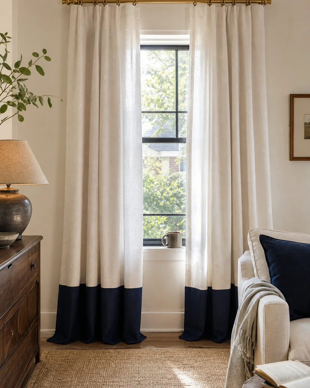 White linen curtain panels with a six-inch navy blue band sewn at the bottom hem, hanging floor-length from a brass rod in a living room, a navy throw pillow on a nearby oatmeal sofa, warm daylight