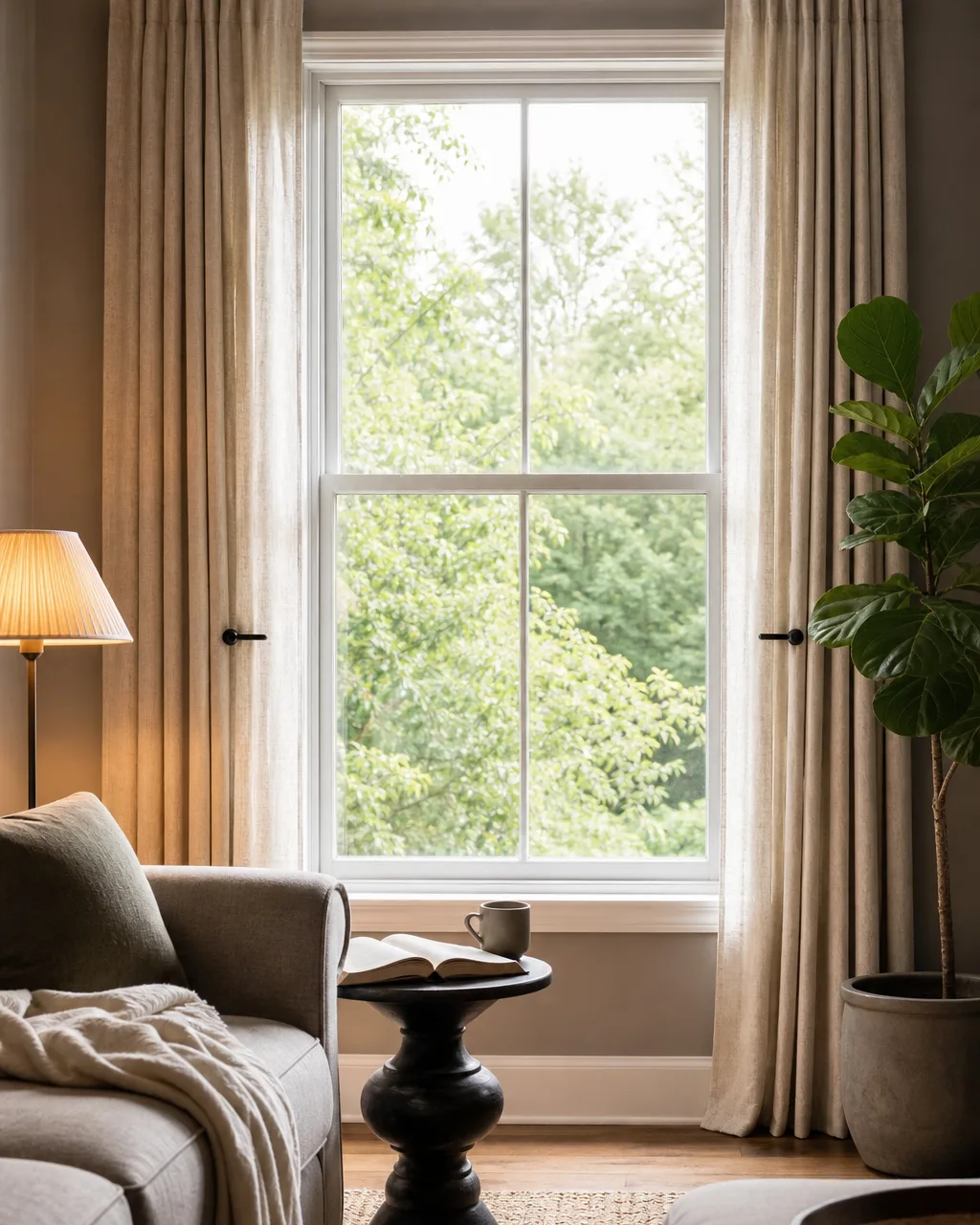 A living room window where wide linen curtain panels are pulled fully open and stacked past the window frame on each side, the full window glass completely revealed letting maximum daylight flood in, deep fabric folds beside the frame