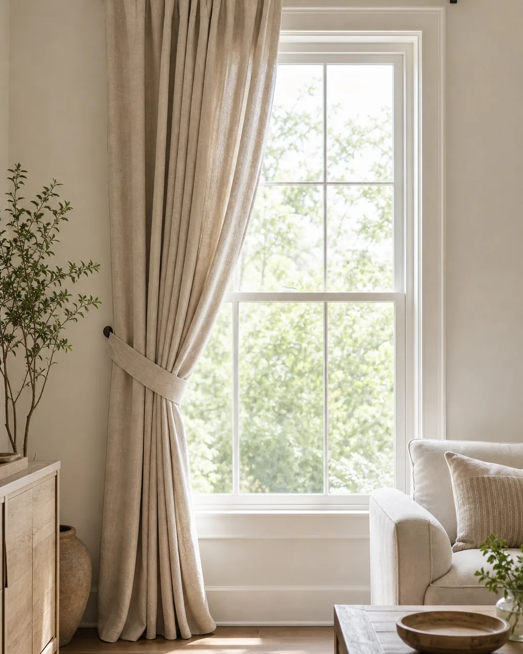 A living room window with a single oversized curtain panel pulled fully to one side and held with a substantial fabric tieback, the rest of the window left bare and open