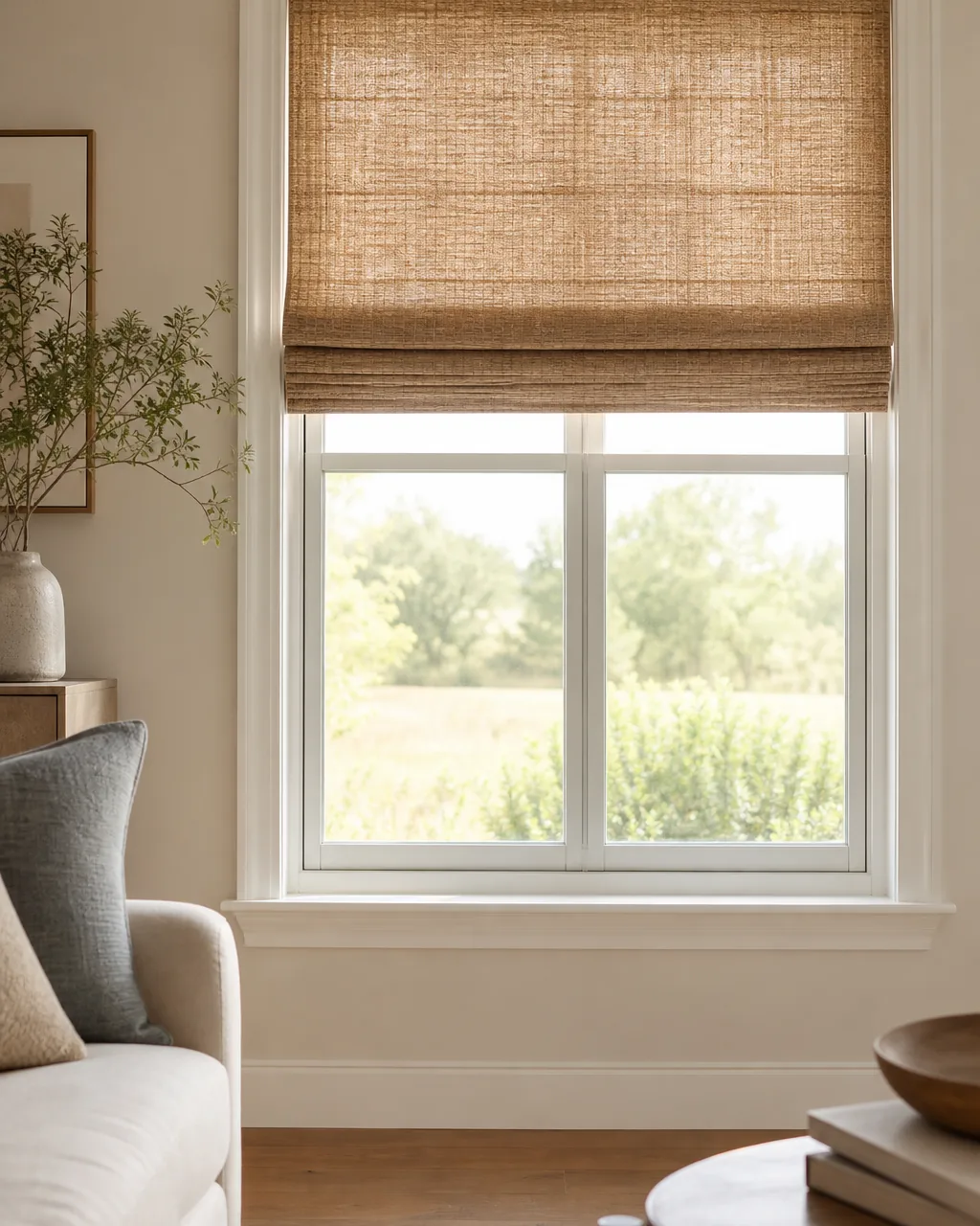 A minimalist living room window dressed with only a single woven bamboo Roman shade, no drapery panels, rolled up partway to show its texture