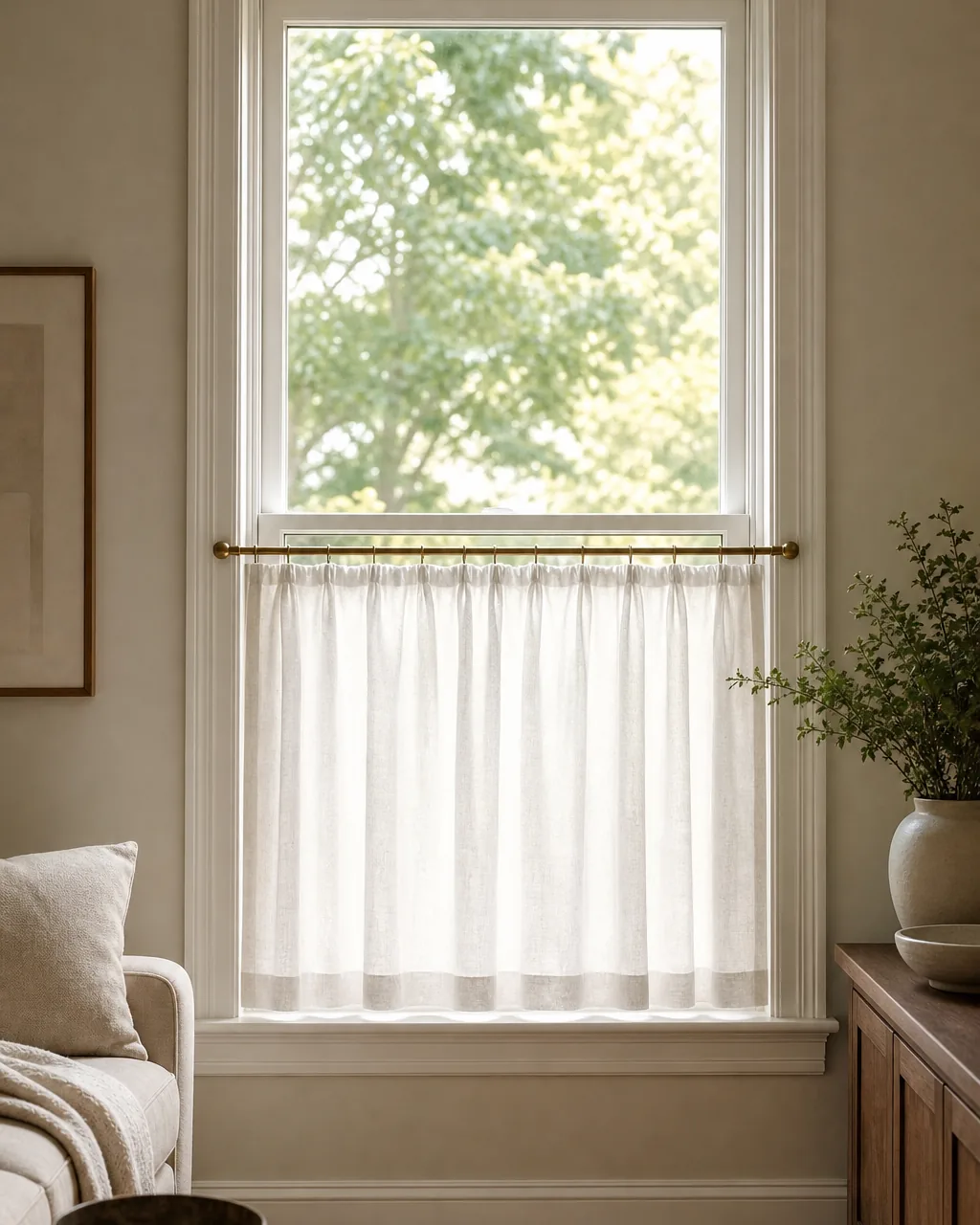 A living room window with a short cafe curtain covering only the bottom half of the glass on a slim rod at the window's midpoint, the top half left bare and open to light