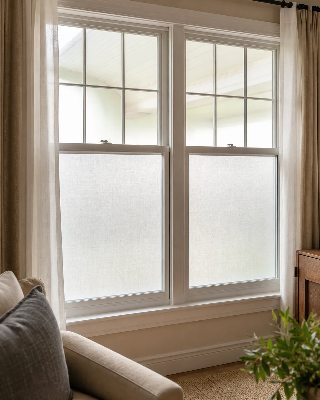 A close view of a living room window with frosted linen-texture privacy film applied to the lower panes only, the upper panes clear and letting soft light through