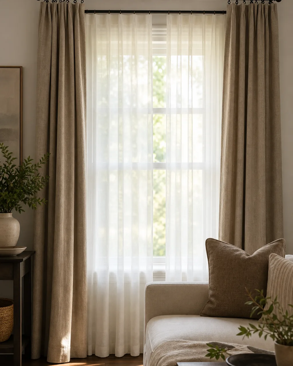 A living room window with a sheer curtain closed on an inner rod for daytime privacy, and heavier solid-color drapery pulled open on an outer rod behind it