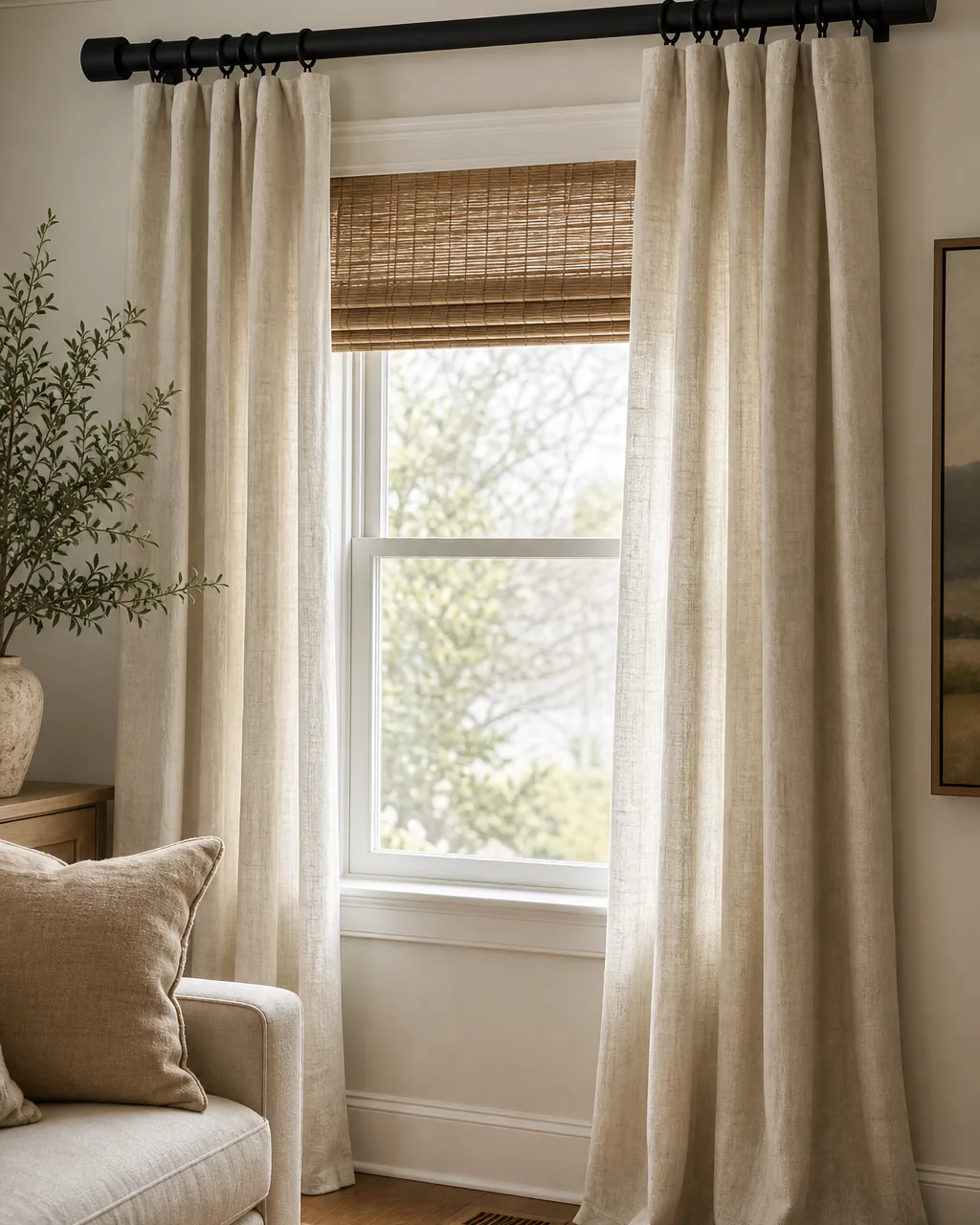A close detail view of a thick matte black curtain rod with a substantial finial mounted above a living room window, linen drapery hanging from rings