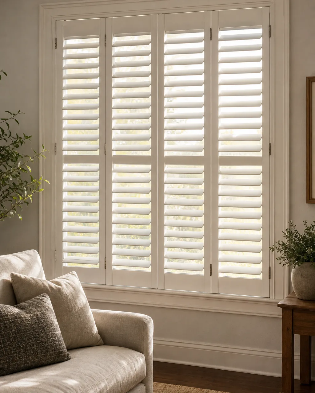 A living room window fitted with painted wood plantation shutters, slats tilted open to let in soft angled daylight