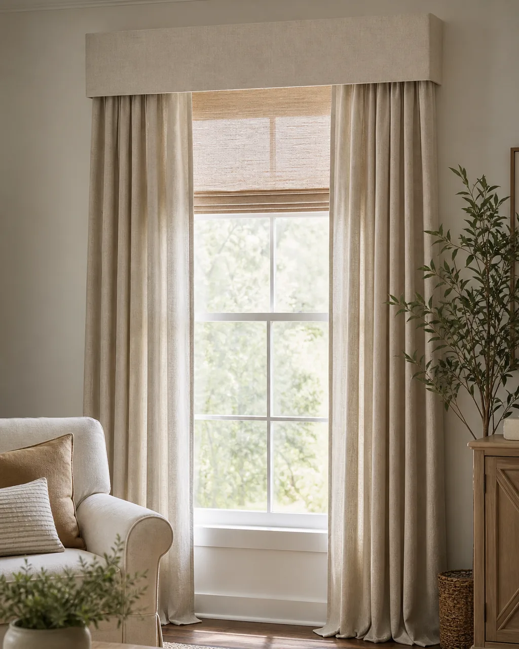 A living room window with a fabric cornice box mounted above floor-length drapery, concealing the rod and brackets with a tailored finished top edge