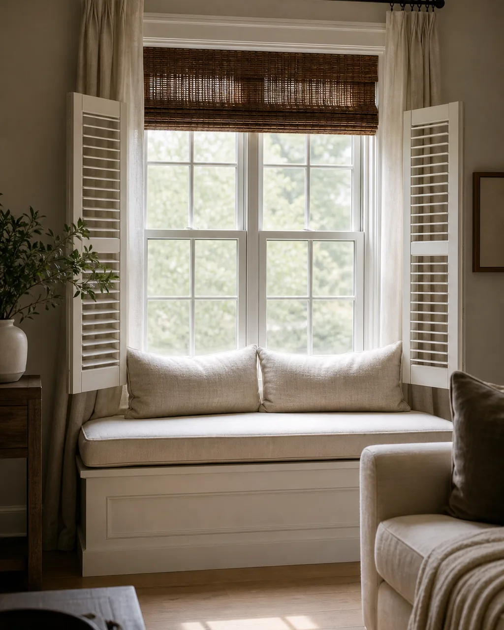 A deep window sill built out into a seat with a tailored cushion and two lumbar pillows leaned against the window, flanked by plantation shutters, soft daylight behind