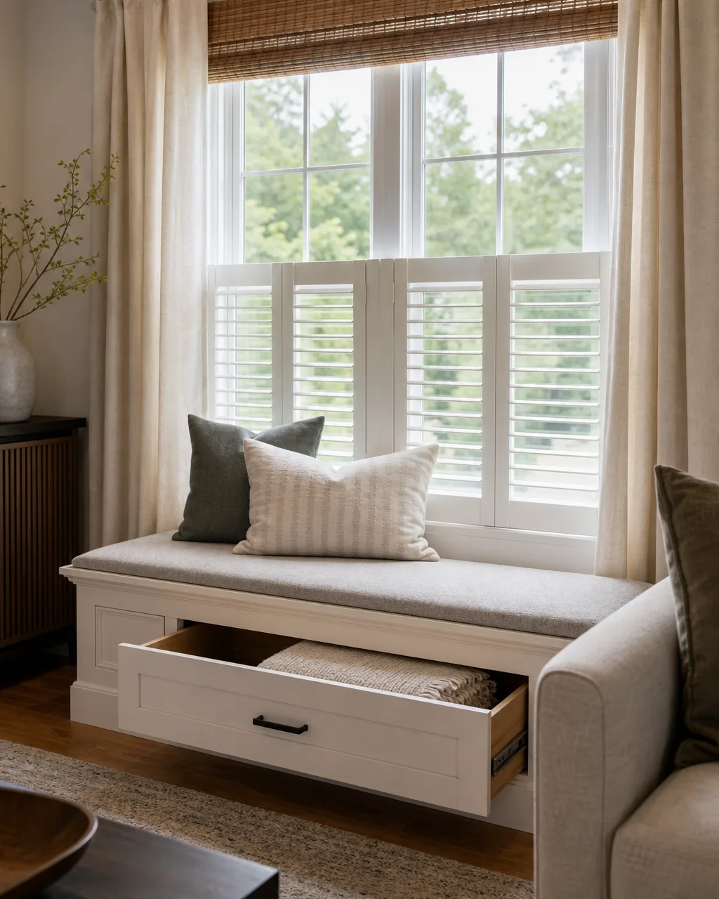 A window seat bench with one pull-out drawer partially open beneath the cushion, a folded throw blanket visible inside the drawer