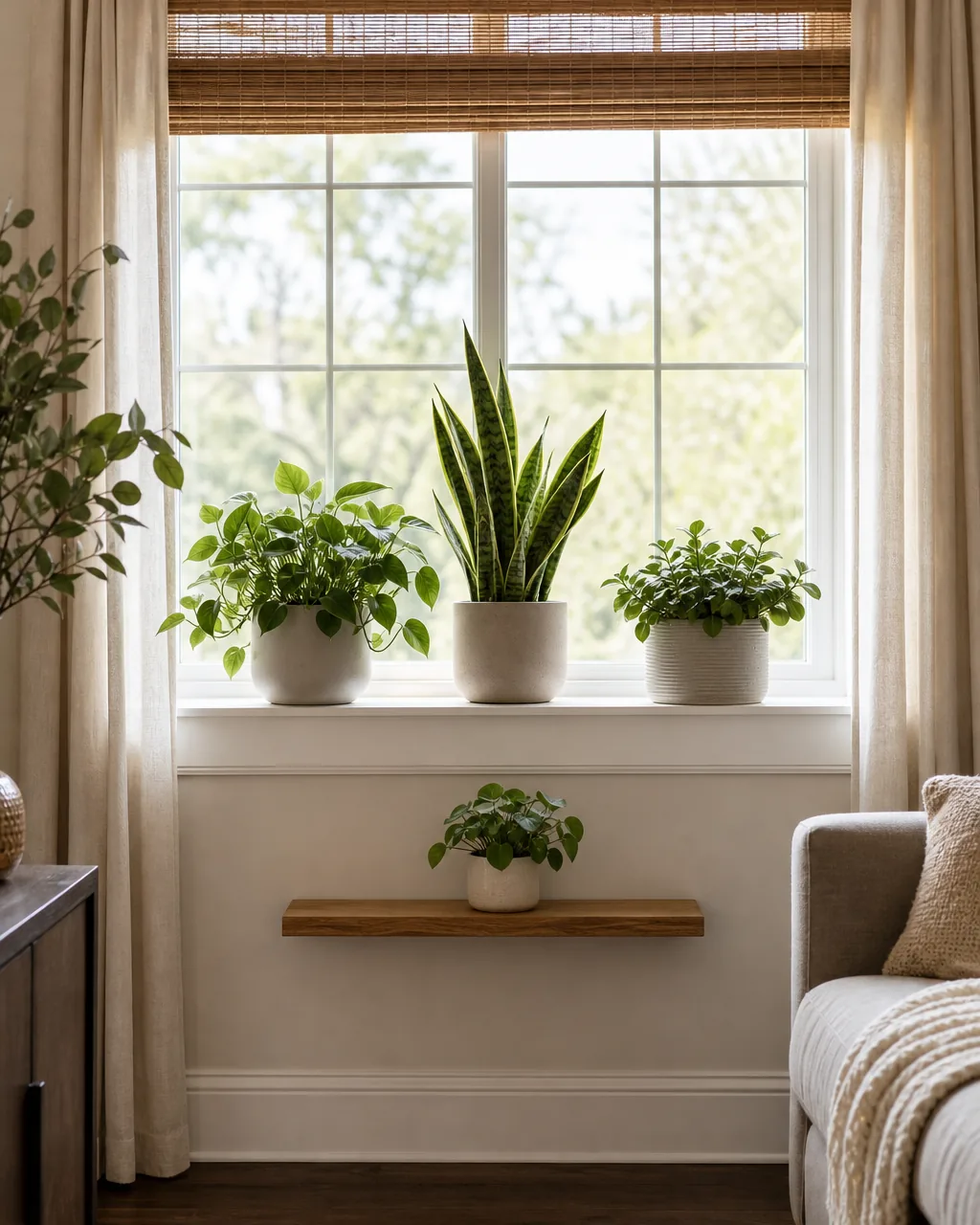 A living room windowsill lined with potted plants at varying heights, soft daylight behind them