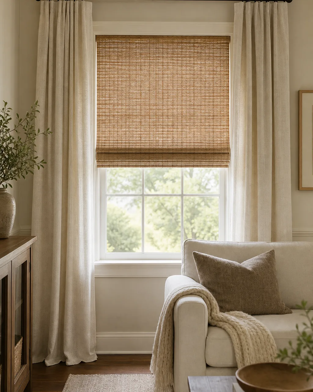 A living room window with a woven bamboo Roman shade mounted inside the frame, and floor-length linen drapery panels hanging open on either side outside the frame