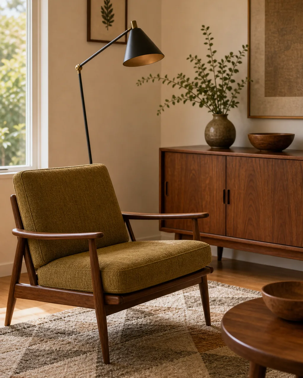A single slim-armed brass or matte black floor lamp standing beside a living room chair, functioning as a sculptural focal point, no other metal light fixtures visible in the same frame