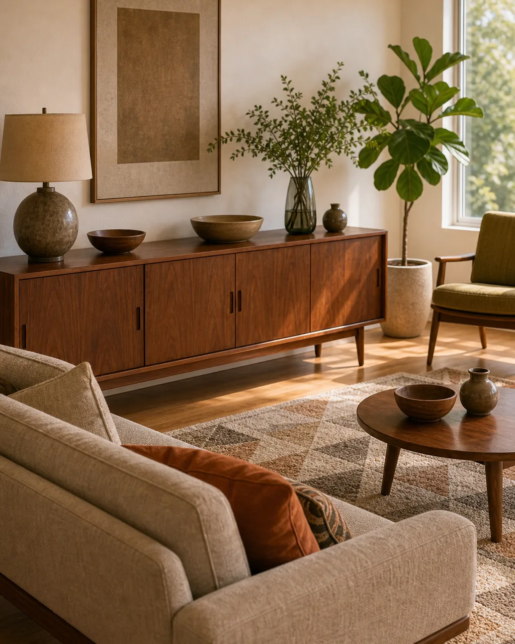 A long, low walnut credenza positioned along a living room wall behind a sofa, visually separating a media or bar area on one side from the main seating area on the other, no curtain or room divider present