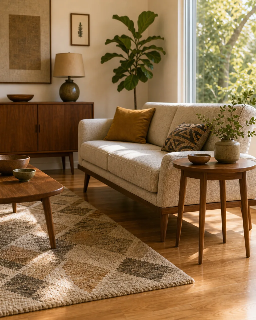 A living room sofa and side table both raised clearly off the floor on slim exposed legs, wood floor visibly reading underneath and around each piece, the room feeling visually light and open