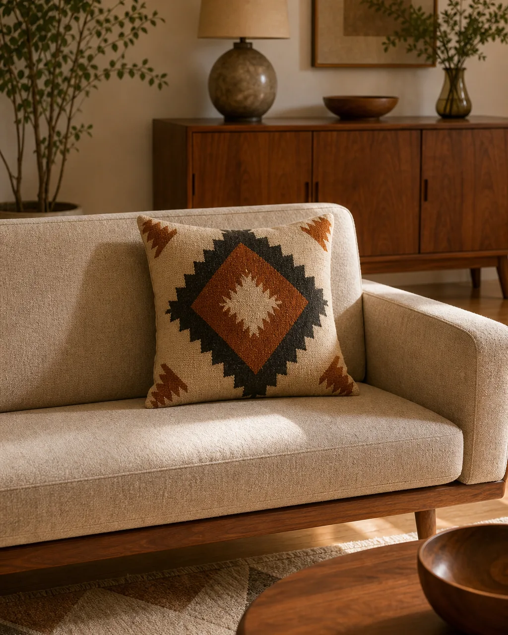 A single throw pillow or upholstered chair panel with a bold geometric print (diamonds or sunburst shapes) sitting on an otherwise plain neutral sofa, no matching or repeated pattern elsewhere in the same frame