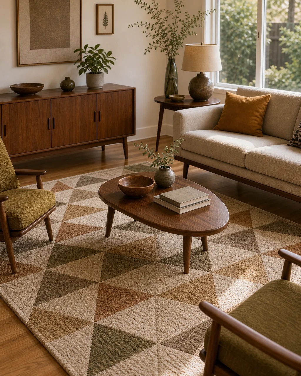 A bold geometric-pattern area rug anchoring a seating group of low, slim-legged furniture in a living room, the rug's pattern reading as the room's one graphic floor-level accent