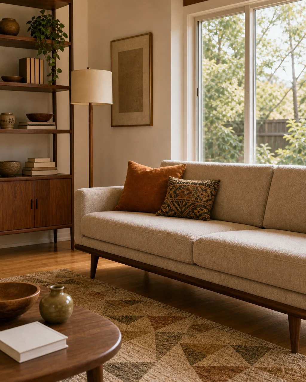 A low-profile, straight-backed sofa in a mid-century modern living room, its horizon line kept low compared to a taller floor lamp or bookshelf nearby in the same frame