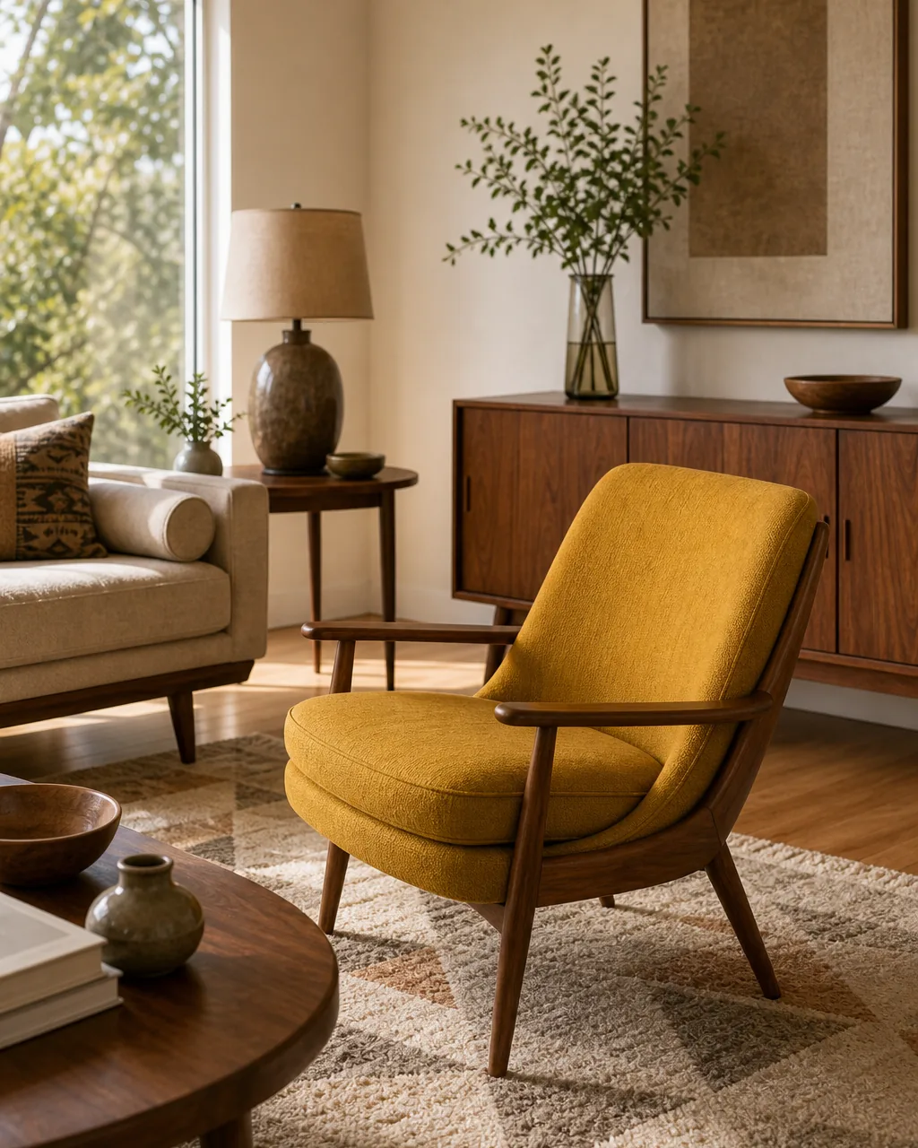 A single mustard-yellow upholstered chair or panel used as one saturated color block against a warm neutral living room backdrop, the rest of the room in muted neutral tones with no other saturated color present