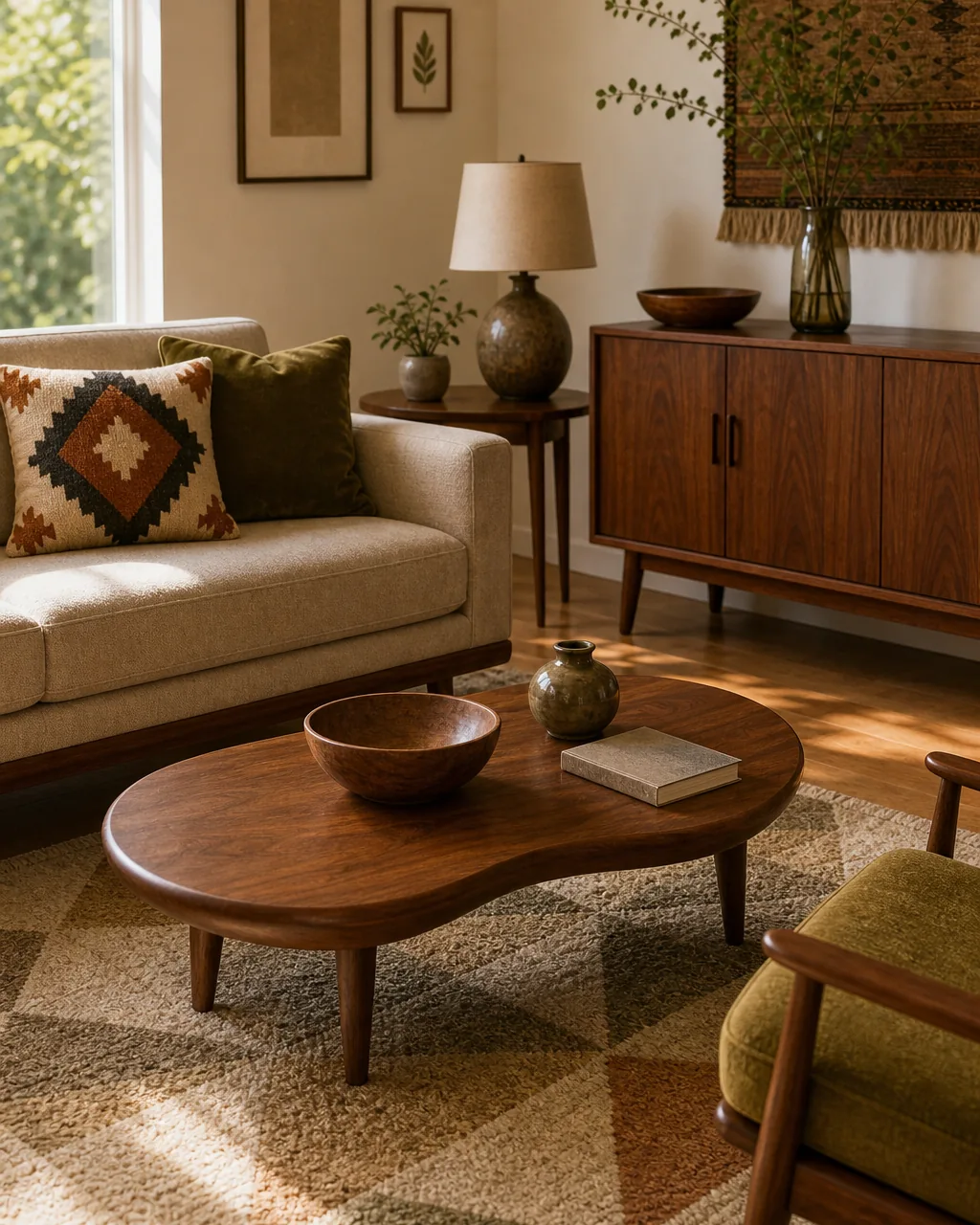 A kidney-shaped or free-form organic coffee table in a living room, its curved silhouette clearly breaking up the surrounding rectangular furniture shapes around it