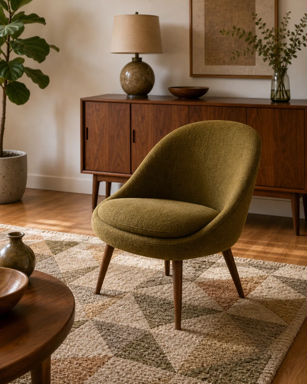 A single chair with a distinct sculptural curved-shell silhouette placed slightly apart from the main seating group in a living room, positioned like a standalone art object rather than an extra seat