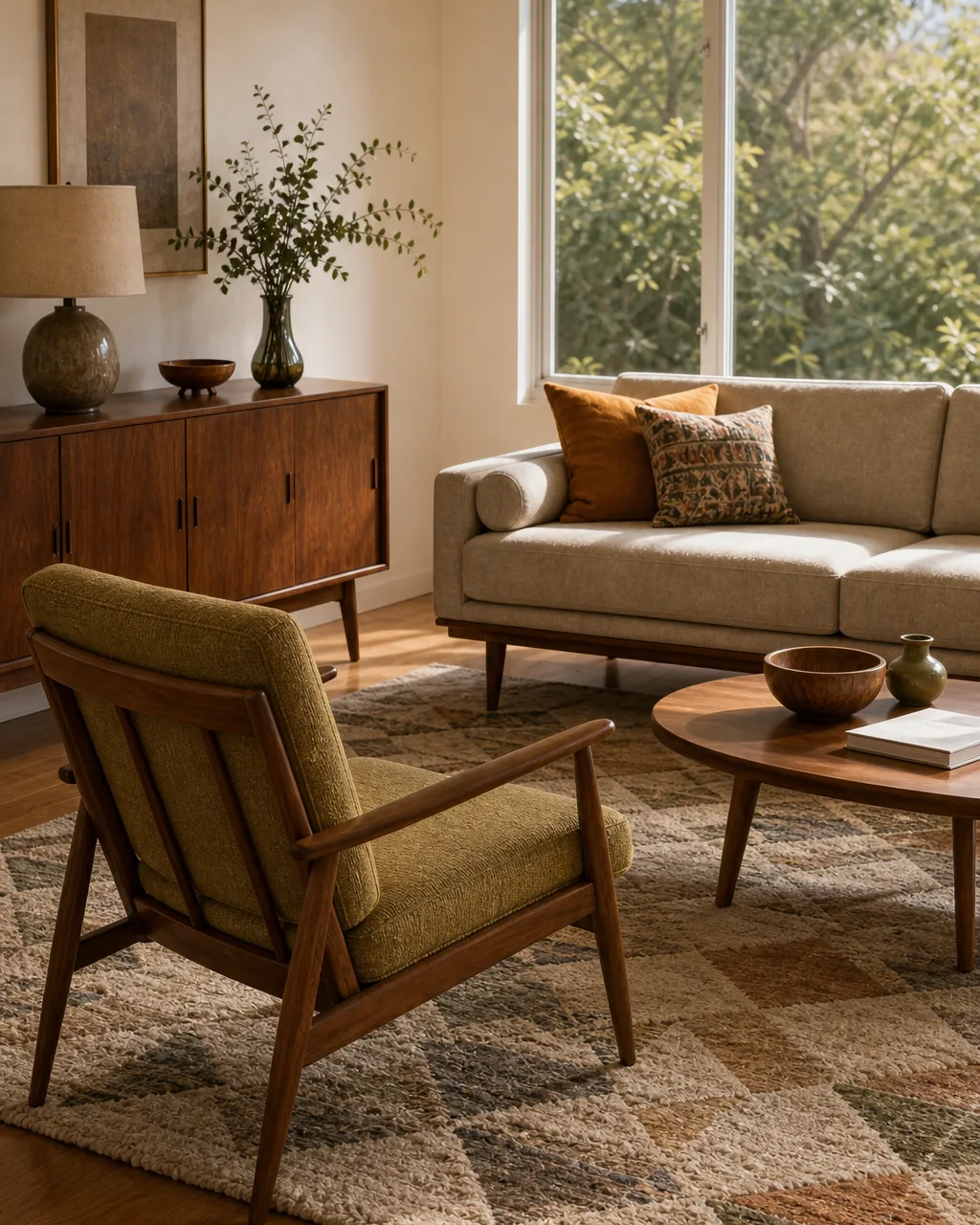 A close-to-mid-range view of a sofa and side chair in a mid-century modern living room, both raised on thin exposed tapered wood legs with visible floor beneath them, no skirted or boxed-in furniture bases anywhere in frame