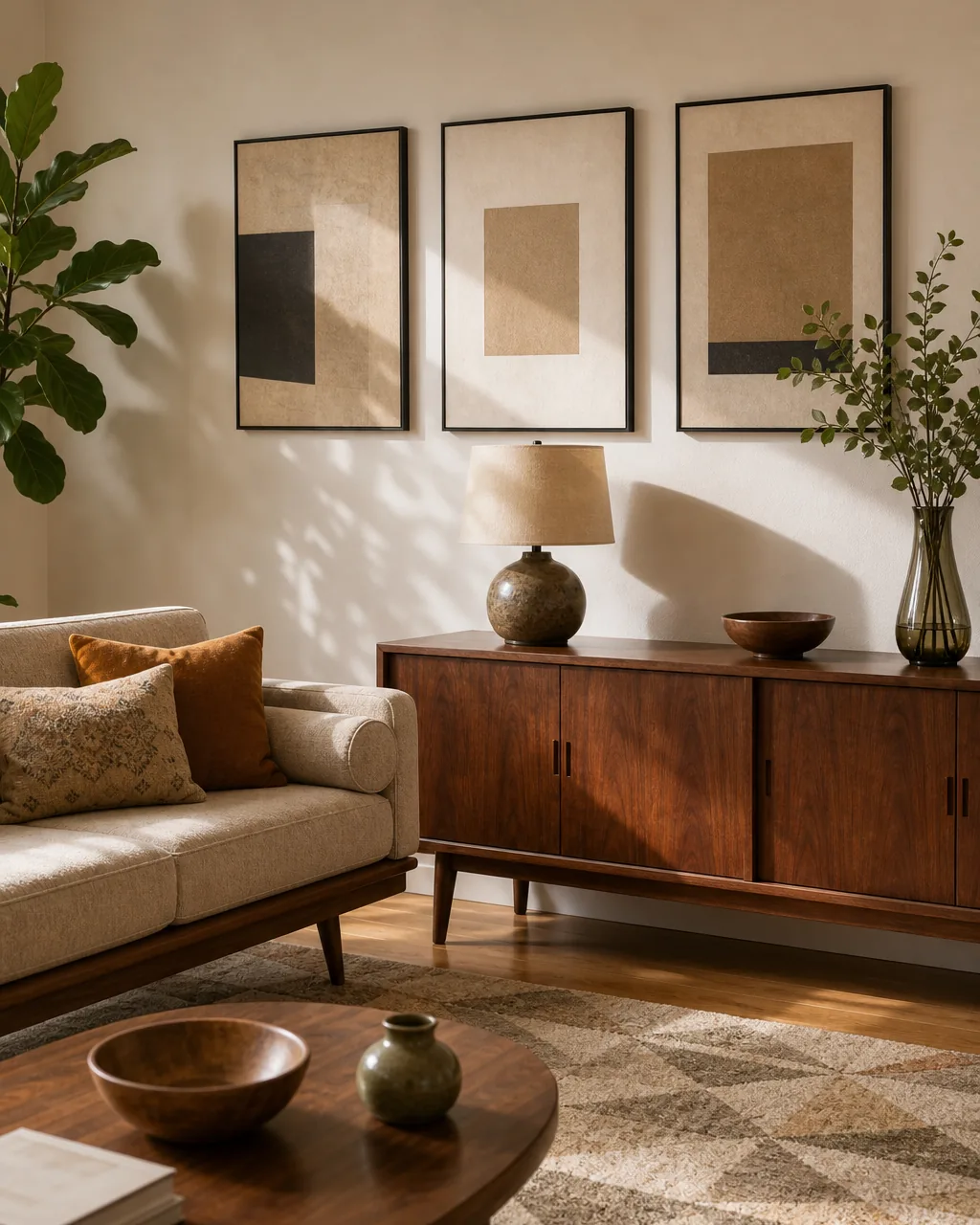 A grouping of framed art on a living room wall, each frame thin black metal, hung at one consistent eye-line height, the frames themselves the clear focal detail of the shot
