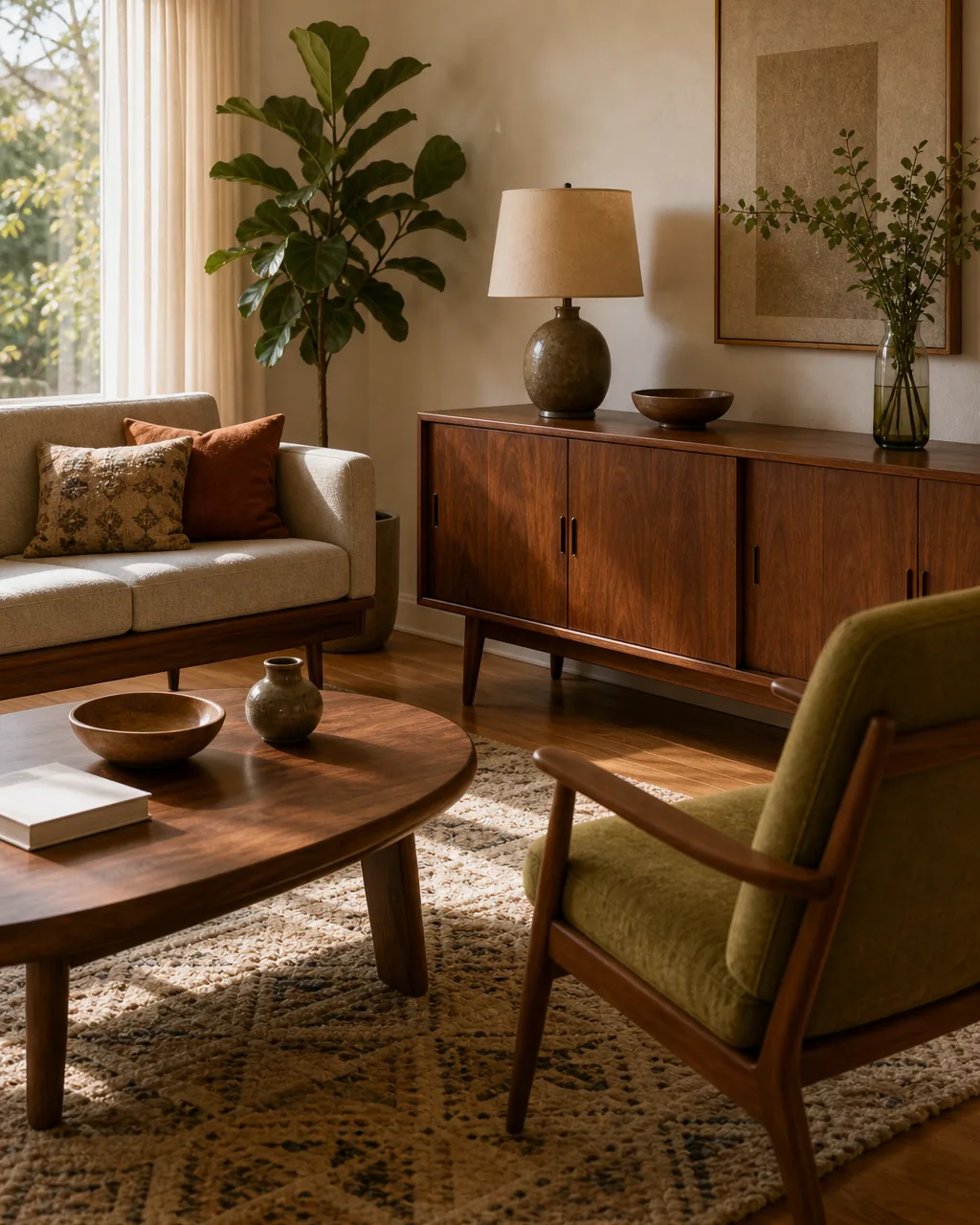 A warm reddish-brown walnut-tone credenza along a living room wall, its wood tone clearly warmer and richer than pale gray or white oak, matched by a walnut coffee table nearby in the same frame