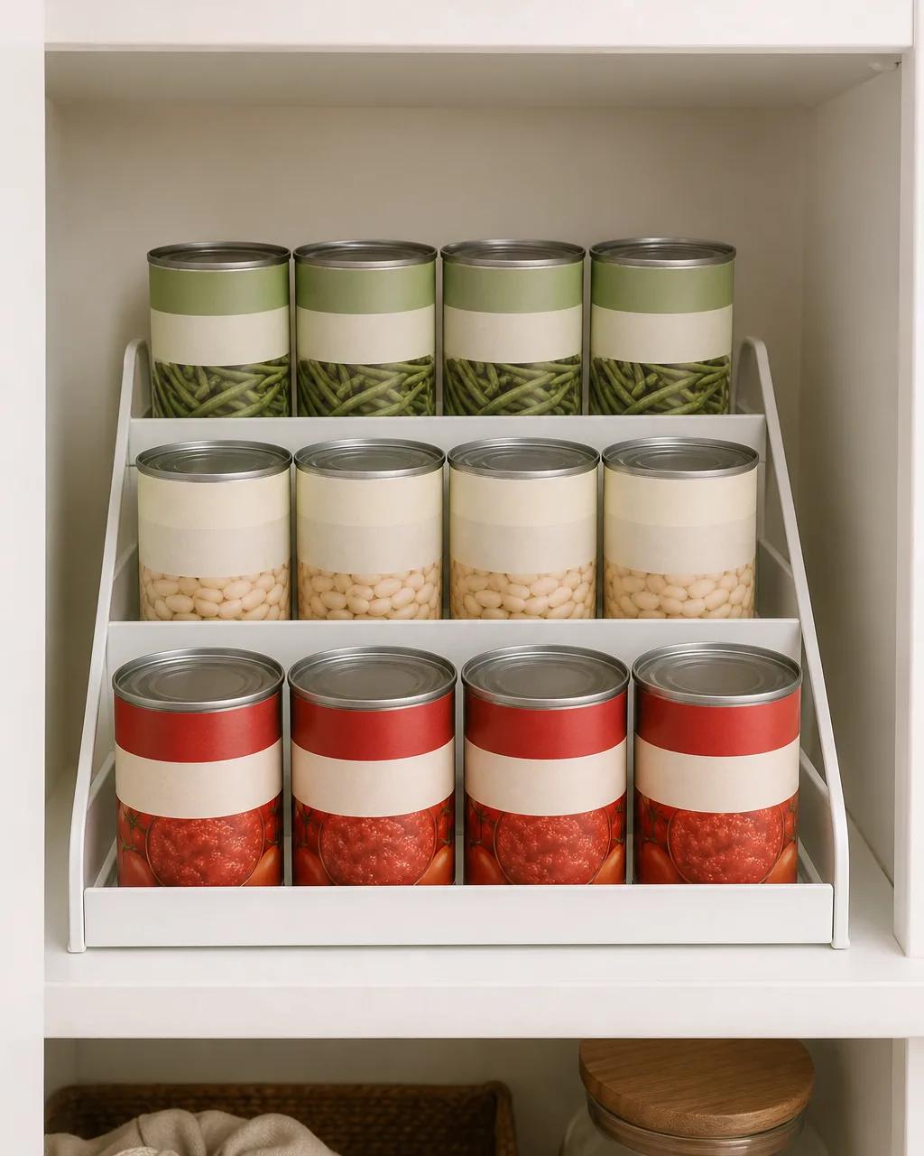 A three-step white metal can organizer on a pantry shelf holding rows of canned goods, each step higher than the one in front showing every label, grouped by type, warm overhead light