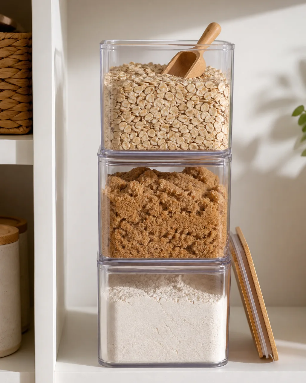 Three stacked square clear containers with airtight lids on a pantry shelf filled with flour, brown sugar, and rolled oats, a small bamboo scoop inside the top one, white shelf with warm side light