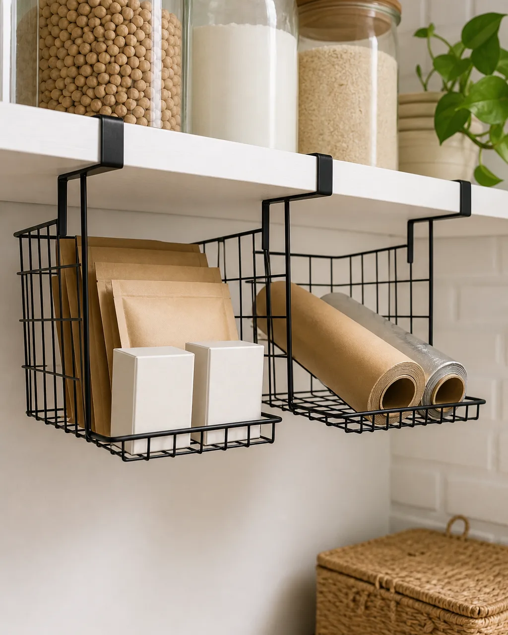 Two black wire under-shelf hanging baskets clipped beneath a white pantry shelf, one holding seasoning packets and tea boxes, the other holding parchment paper and foil rolls, glass jars above