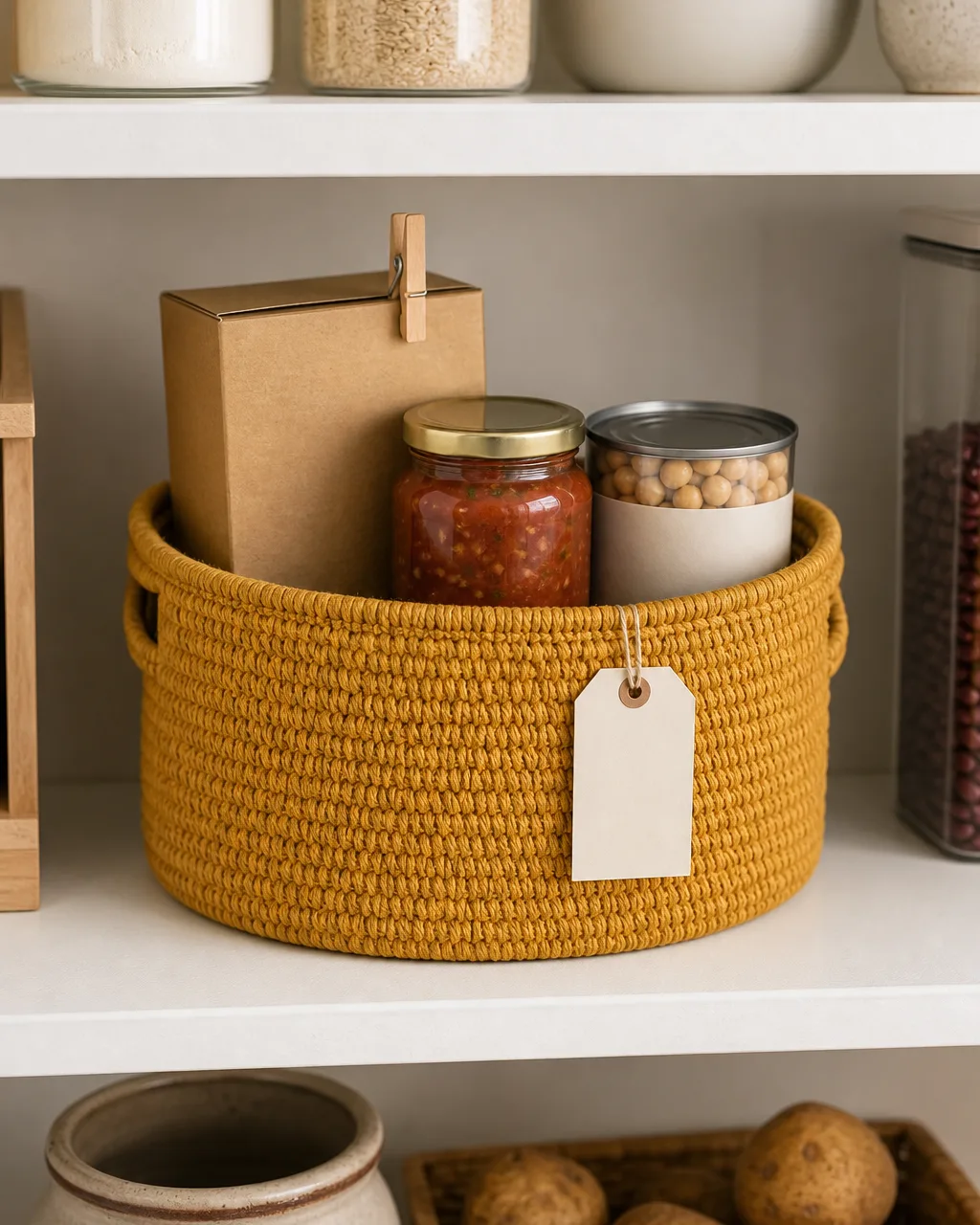 A mustard-colored woven basket on a pantry shelf at eye level labeled with a small tag, holding crackers, salsa, and chickpeas with labels visible, a wooden clip marking one item