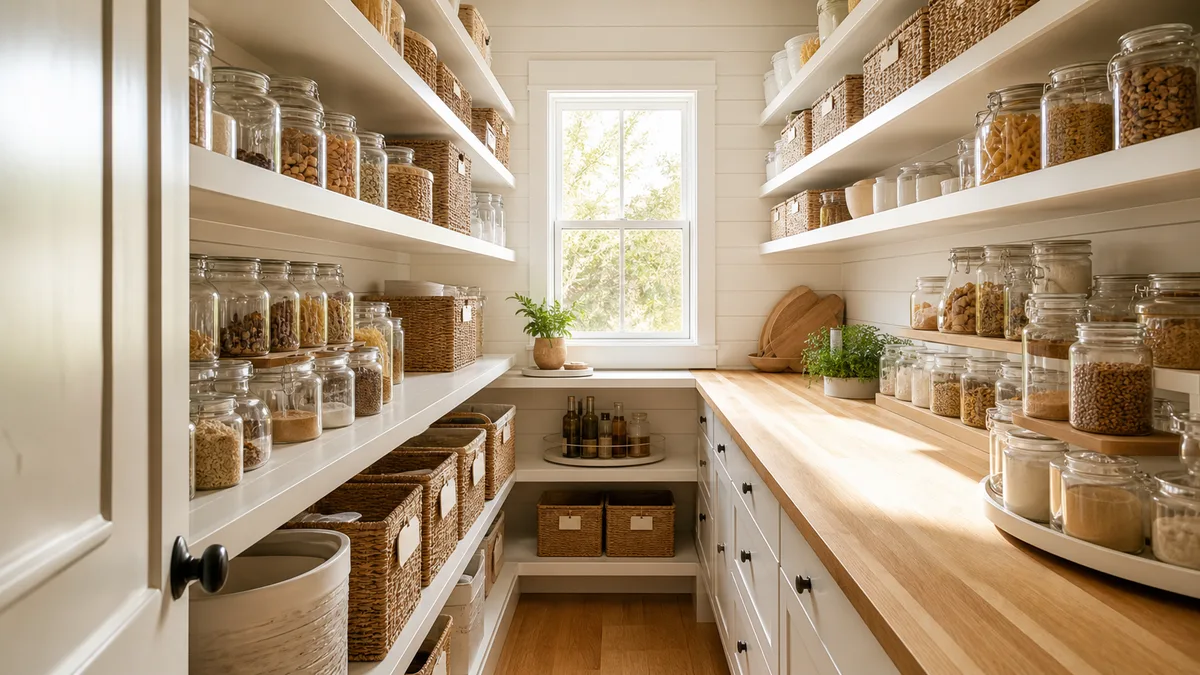 A bright walk-in pantry with four white shelves on each side, clear glass jars on tiered risers, woven baskets with labels, and warm morning light from a small back window