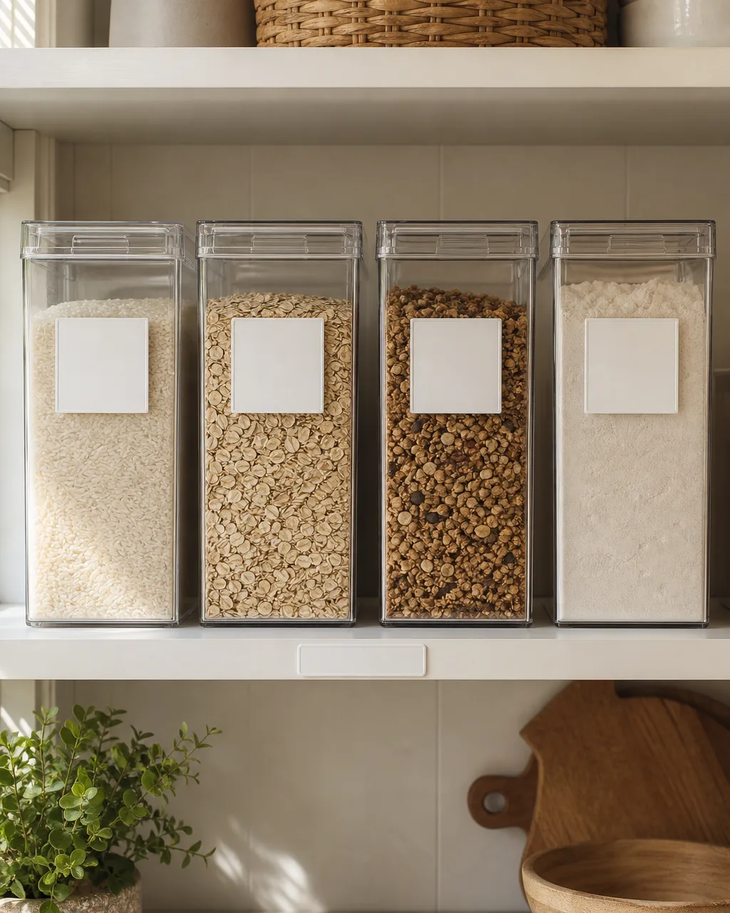 Four clear acrylic bins on a pantry shelf each with matching white labels in the same clean font, holding rice, oats, granola, and flour, with a small label strip on the shelf edge