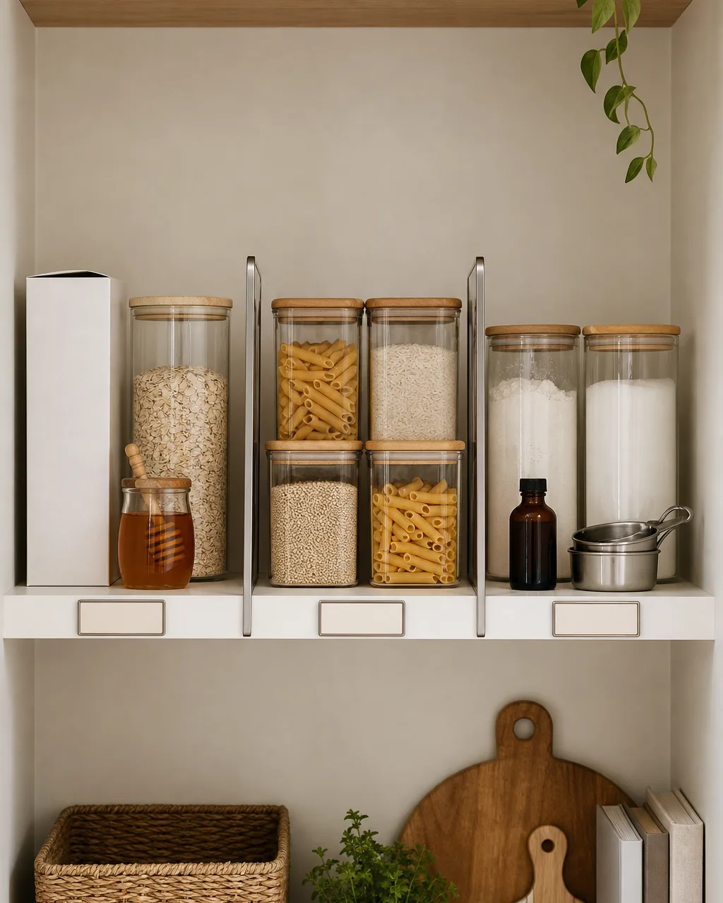 A pantry shelf divided into three zones by small dividers: breakfast items on the left, pasta and grain containers in the center, baking supplies on the right, each zone labeled on the shelf edge