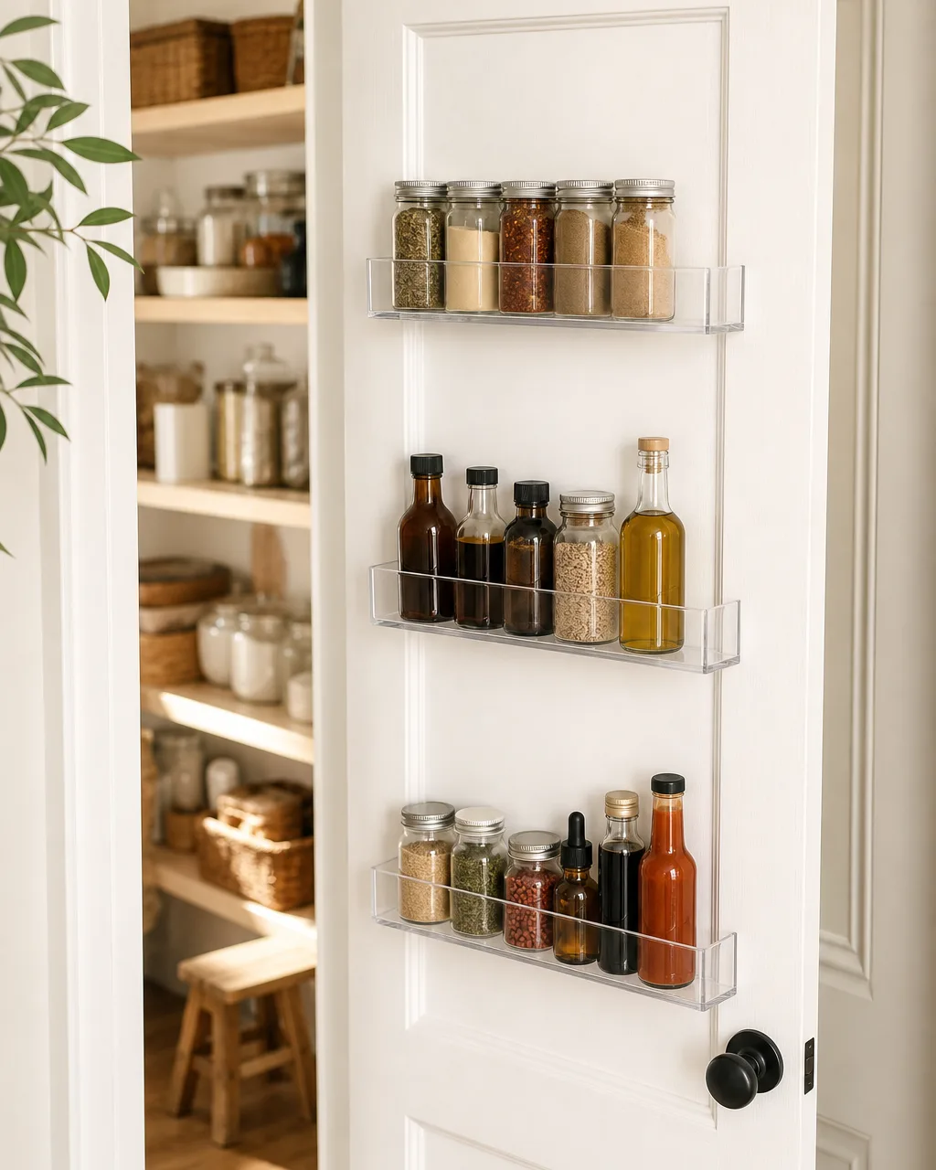 Three narrow acrylic shelves mounted vertically inside a pantry door holding small spice jars, extracts, and condiment bottles, door slightly ajar with the main pantry blurred behind