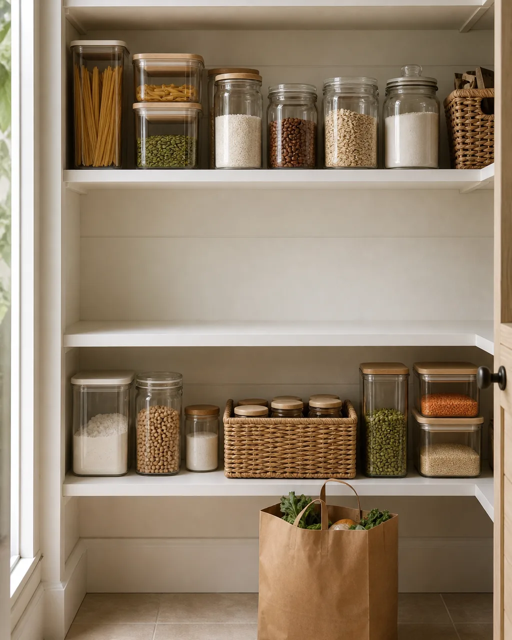 A pantry interior with one clean middle shelf completely empty while shelves above and below are neatly organized with jars and baskets, a brown paper grocery bag on the floor below