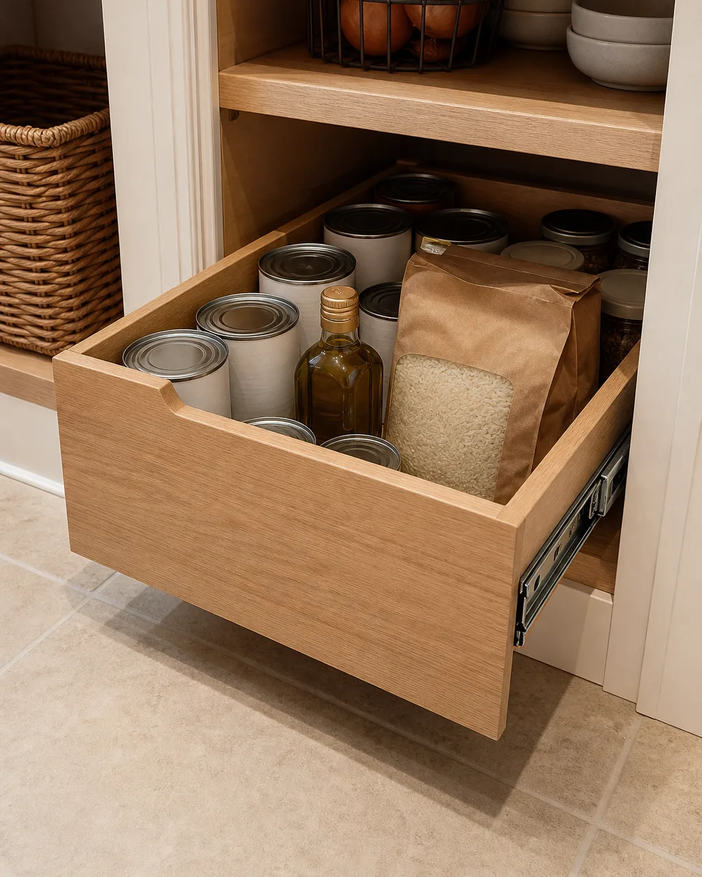 A wooden pull-out drawer on the lowest pantry shelf pulled halfway out showing heavy canned goods, a bag of rice, and a glass jar of olive oil, ball-bearing metal slides visible, warm light