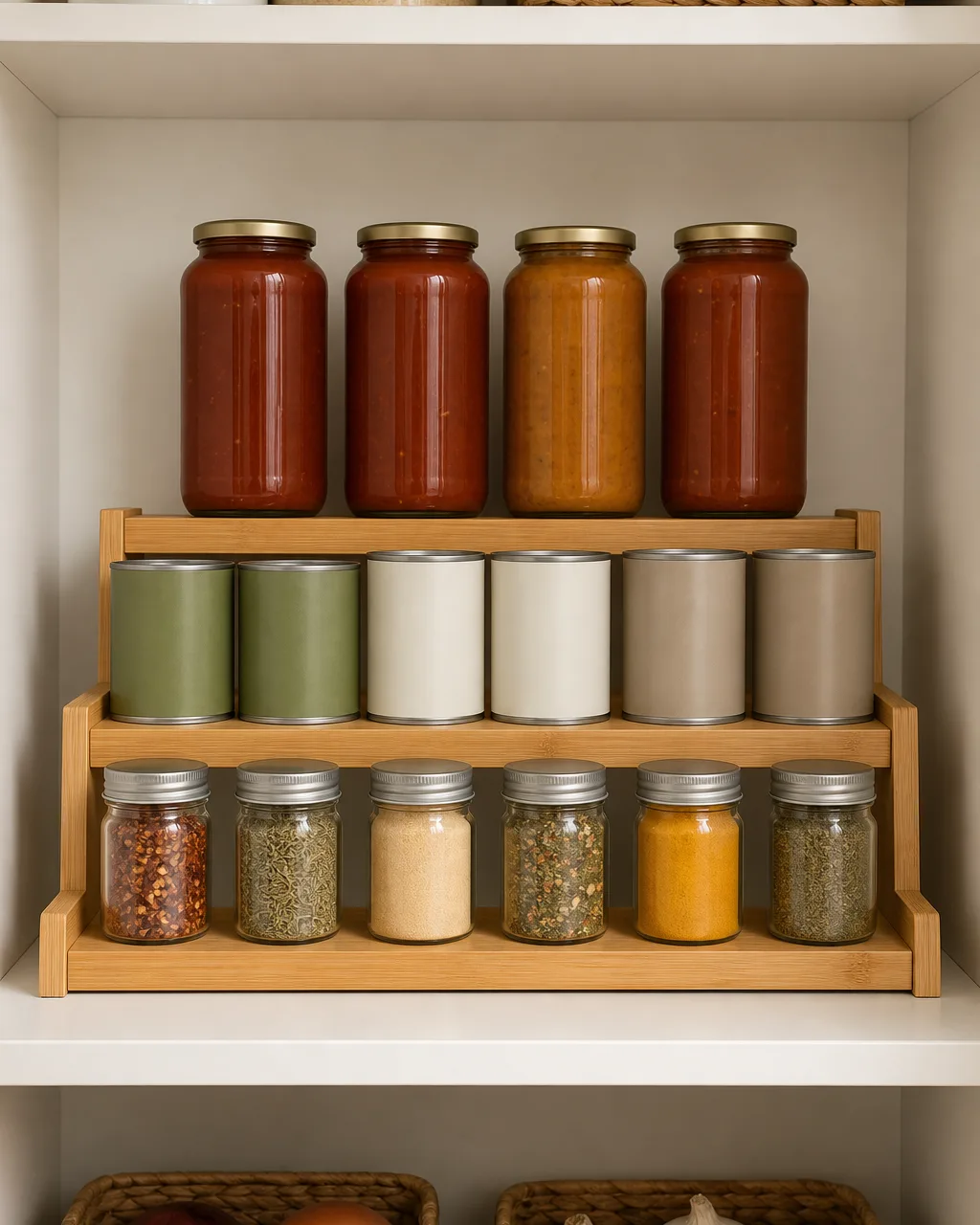 A pantry shelf with a three-tier bamboo riser along the back holding spice jars on the bottom, canned goods in the middle, and taller pasta sauce jars on top, every label facing forward