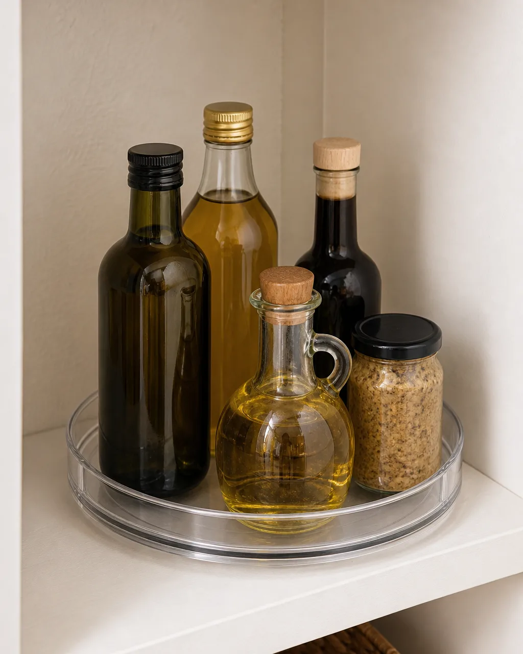 A clear acrylic lazy Susan turntable on a deep pantry shelf corner holding five assorted bottles and jars of oils and condiments arranged in a circle, white shelf, warm light