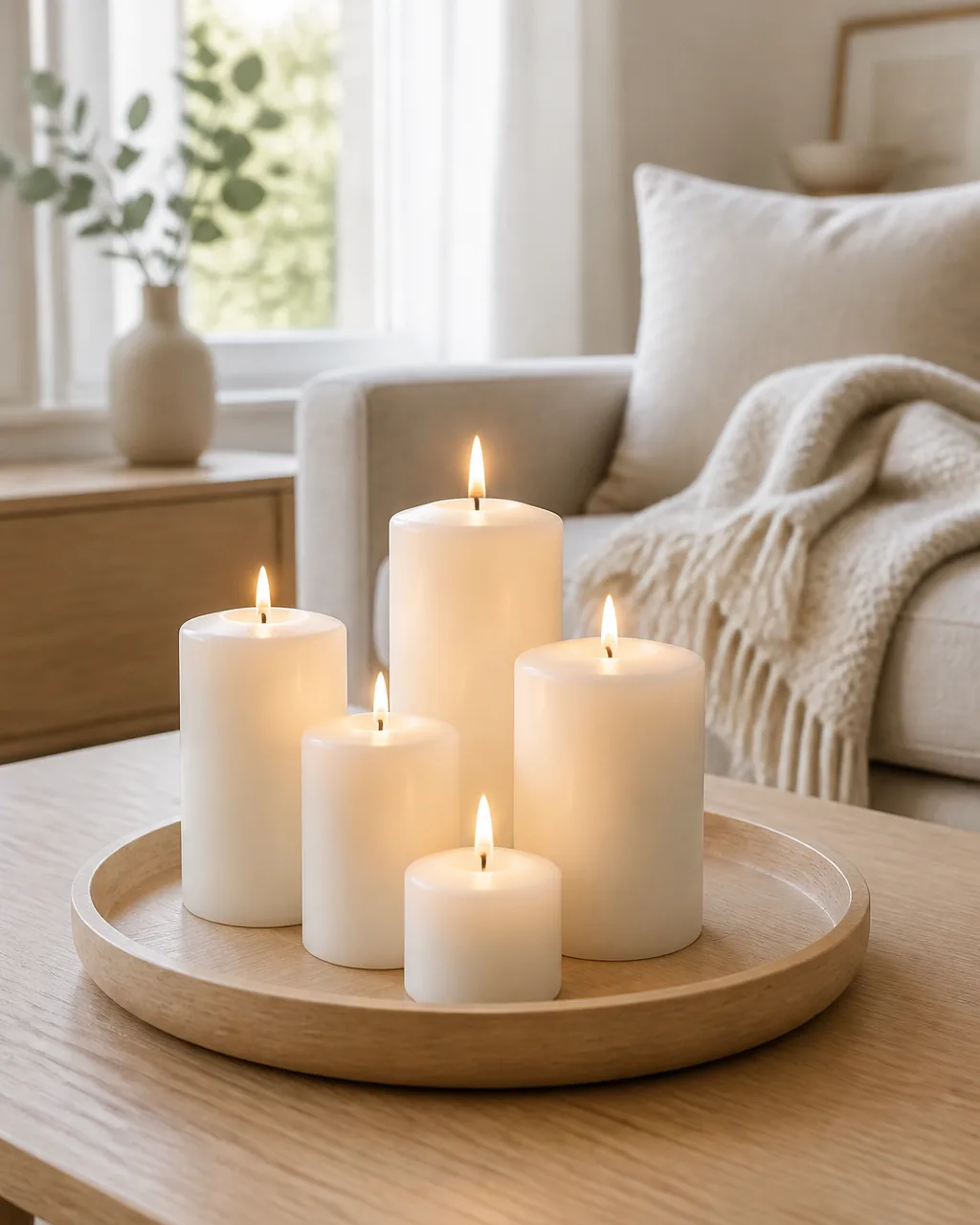 A cluster of white pillar candles at varying heights burning on a wood tray in a warmly lit Scandinavian living room at dusk