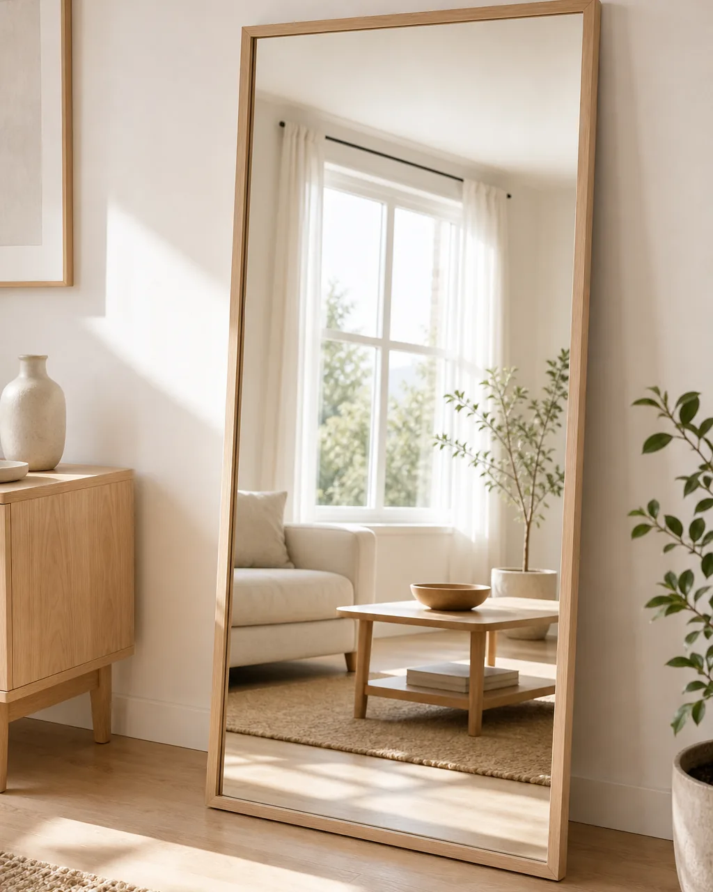 A large black-framed mirror leaning against a white wall directly across from a window, reflecting daylight back into a Scandinavian living room