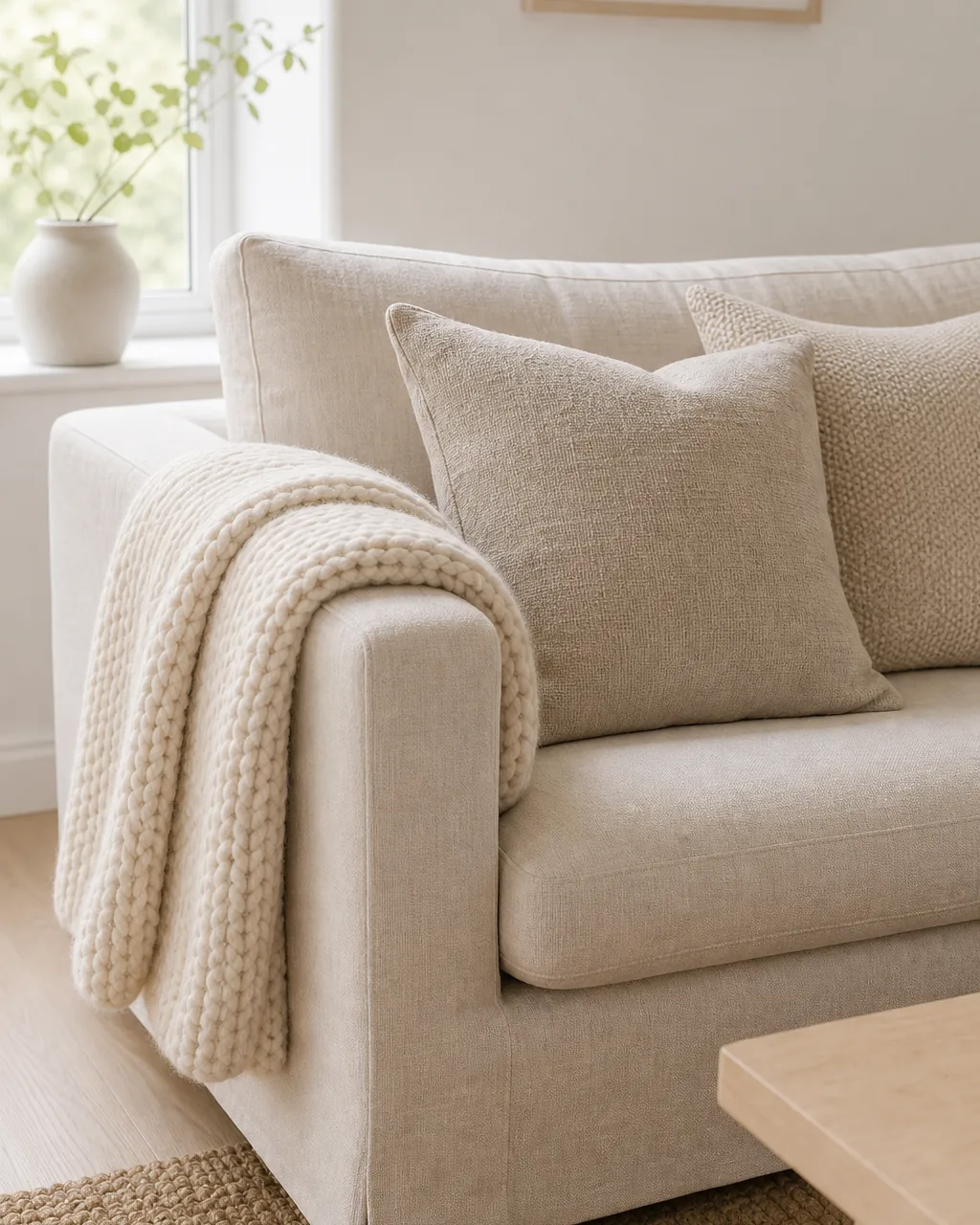 A sofa layered with a chunky cream knit throw folded over one arm and two textured linen cushions, in muted natural tones